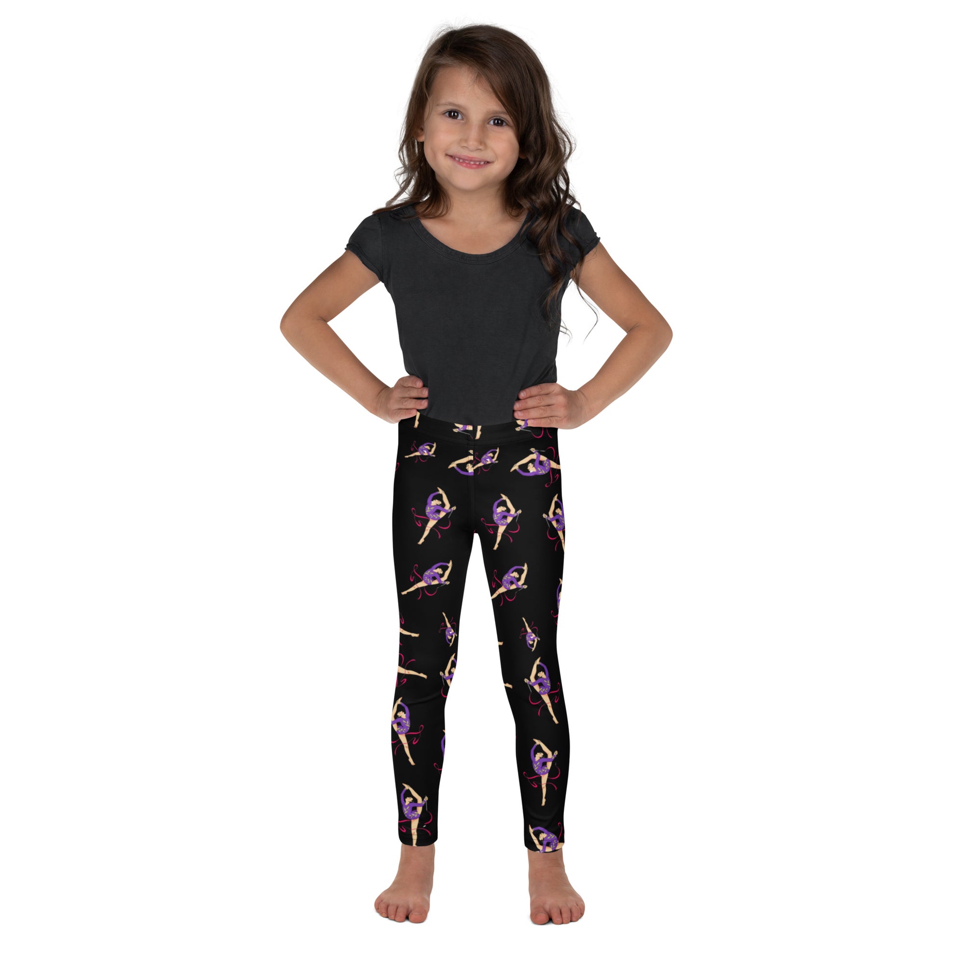 Leggings petite fille – vue de face, tissu doux et extensible - noir - motif gymnaste danseuse 