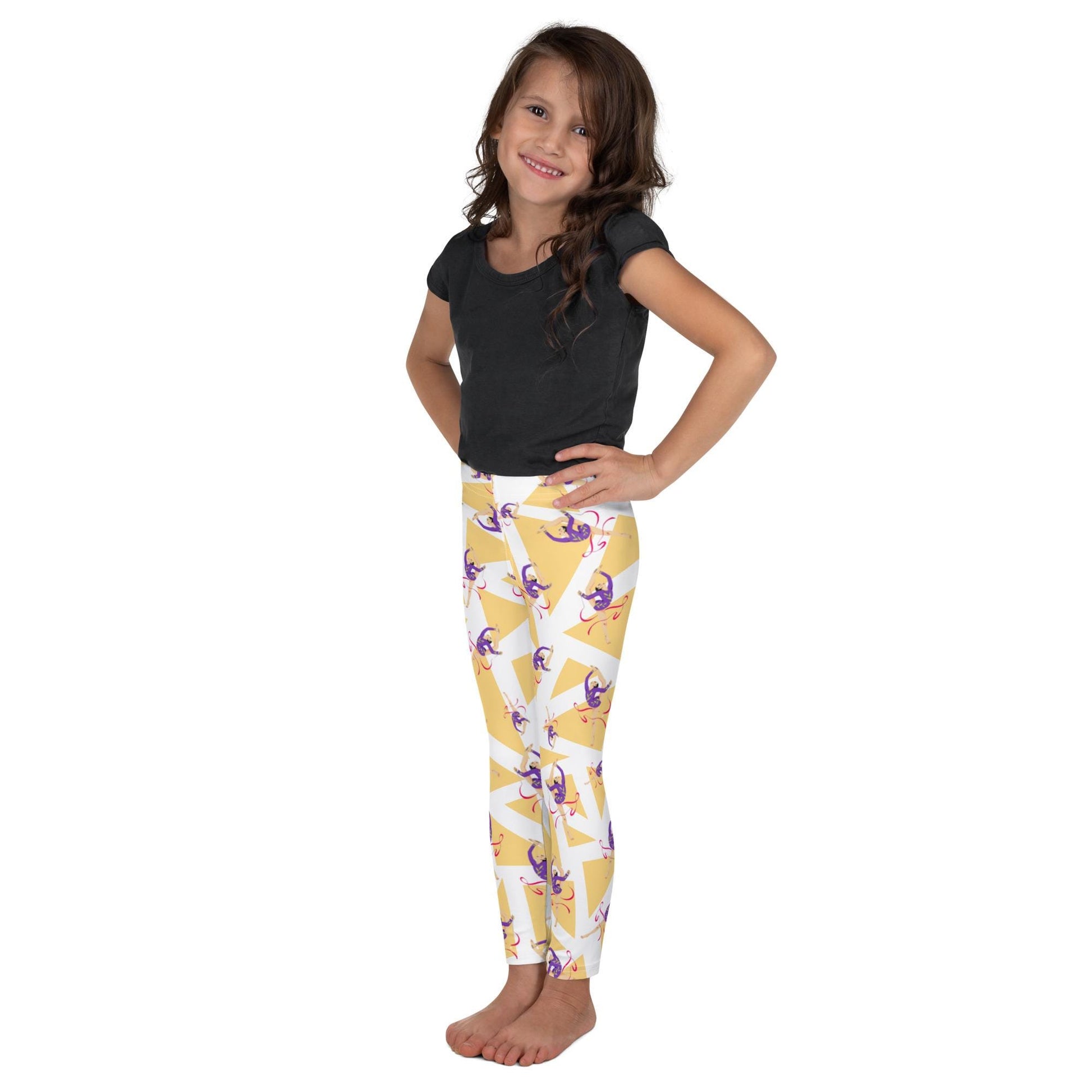 Leggings petite fille– vue de profil, confort et liberté de mouvement - blanc et jaune - motif gymnaste danseuse 