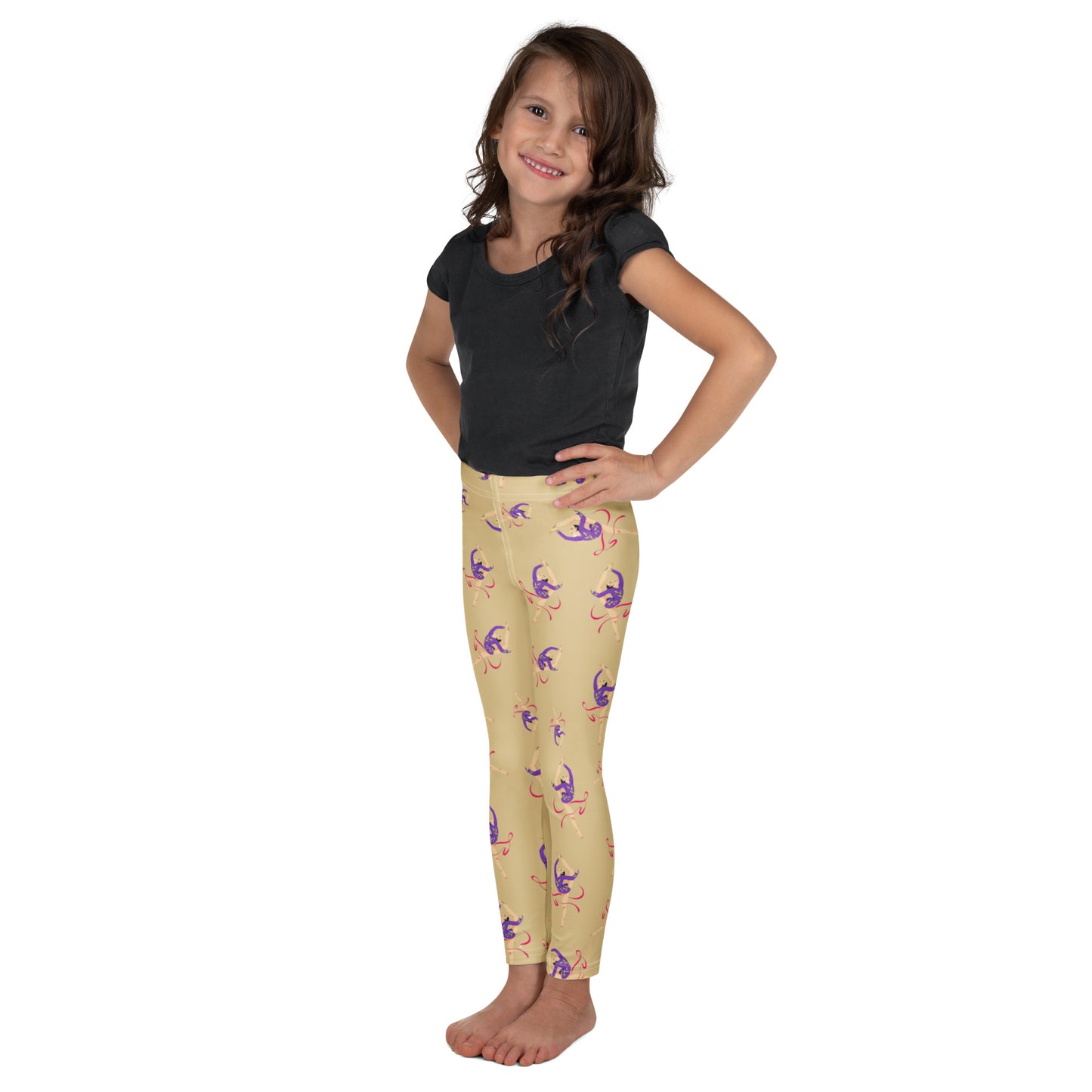 Leggings petite fille – vue de profil, confort et liberté de mouvement - jaune citron - motif gymnaste danseuse 