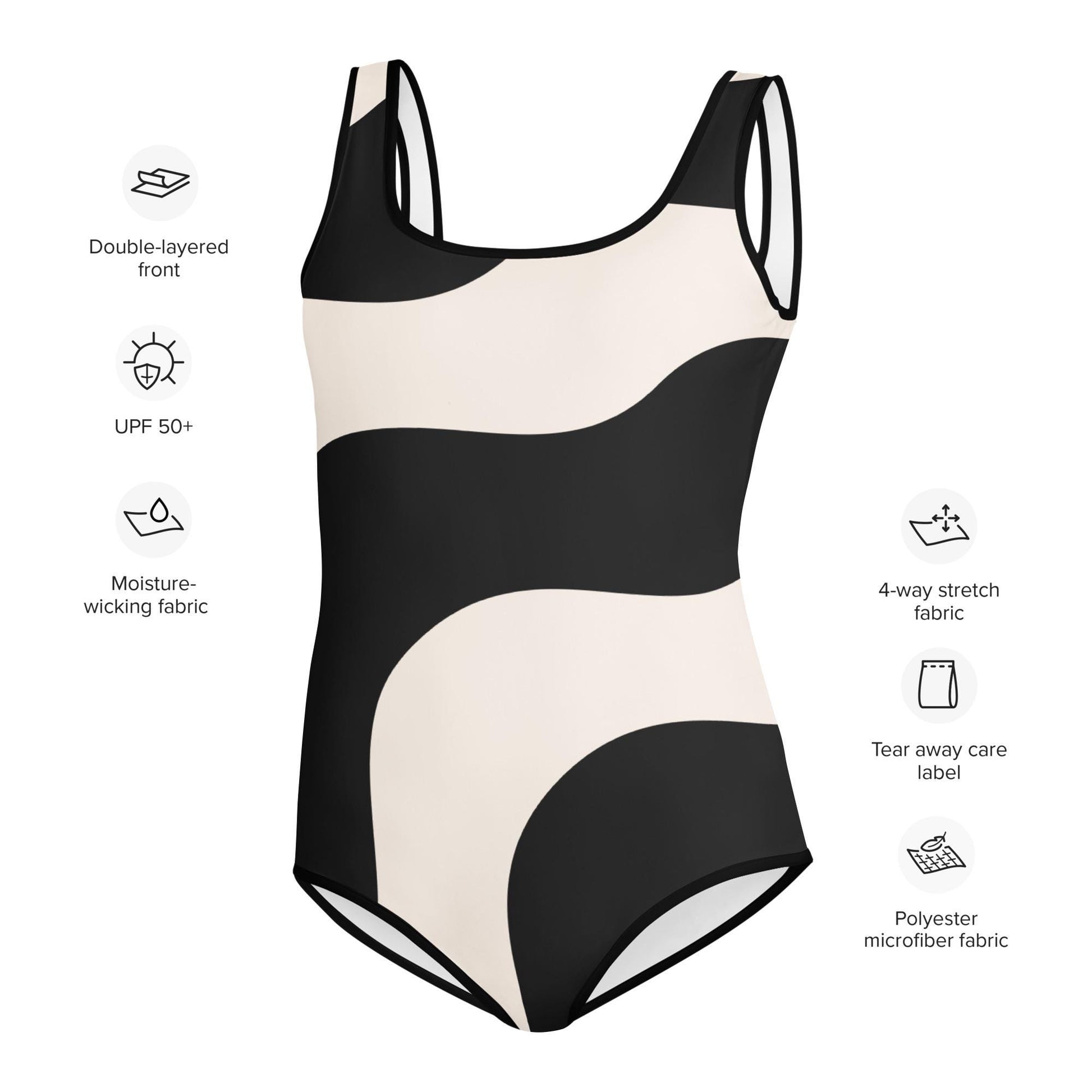 Maillot 1 pièce fille ado - beige et noir ondulations graphique minimaliste – Détail matière extensible et séchage rapide