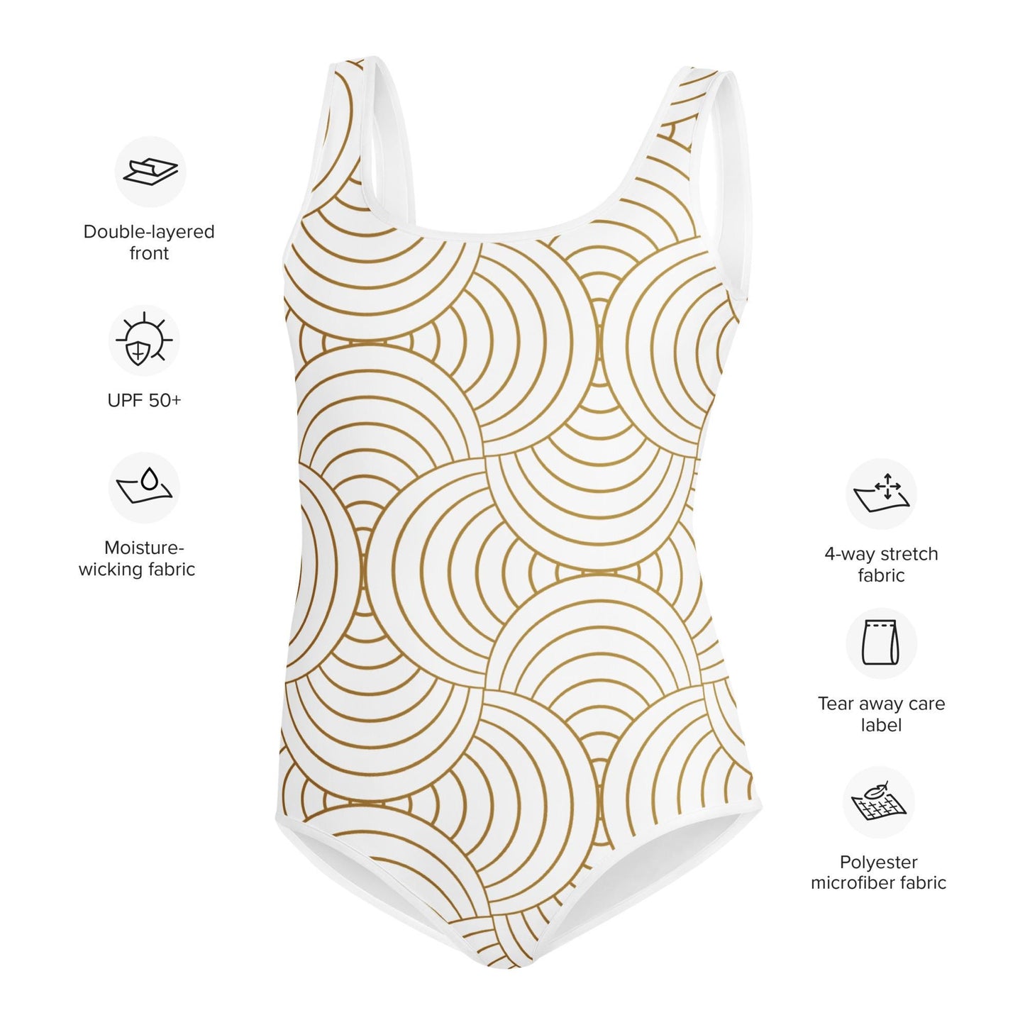 Maillot 1 pièce fille ado - blanc et or à spirales graphique minimaliste – Détail matière extensible et séchage rapide