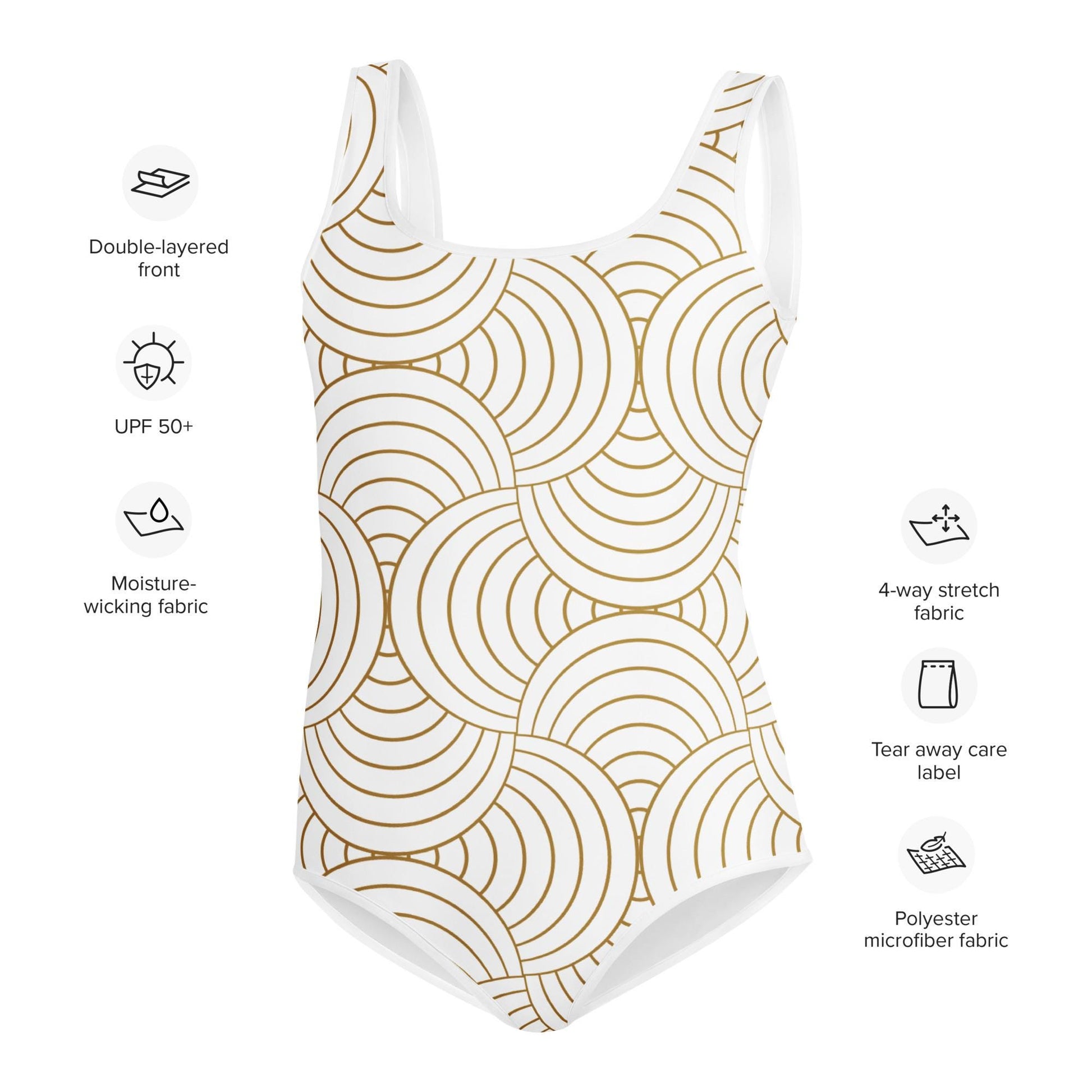 Maillot 1 pièce fille ado - blanc et or à spirales graphique minimaliste – Détail matière extensible et séchage rapide