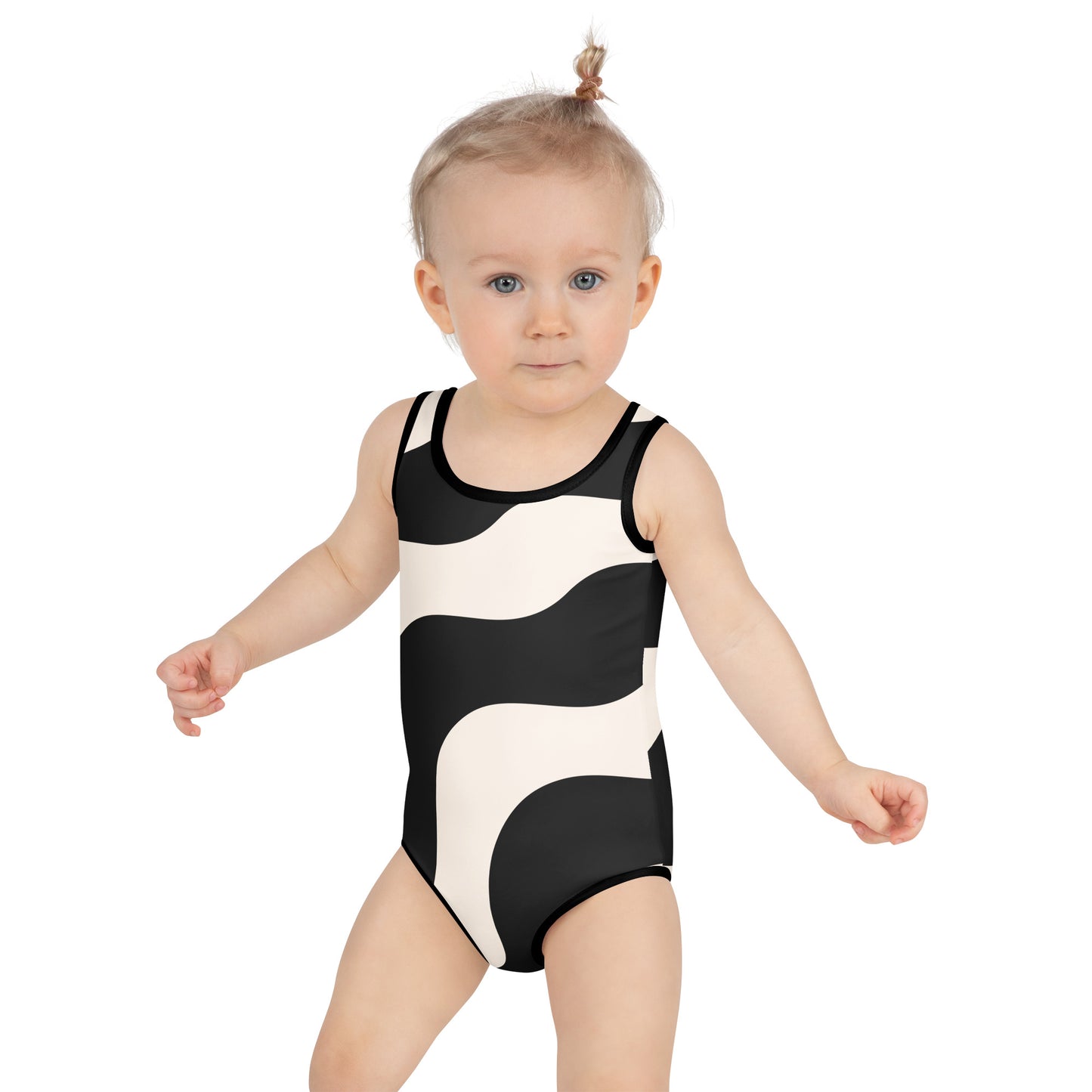 Maillot de bain enfant - beige et noir à ondulations, graphique, minimaliste – 	Porté à la plage/piscine – maintien fiable