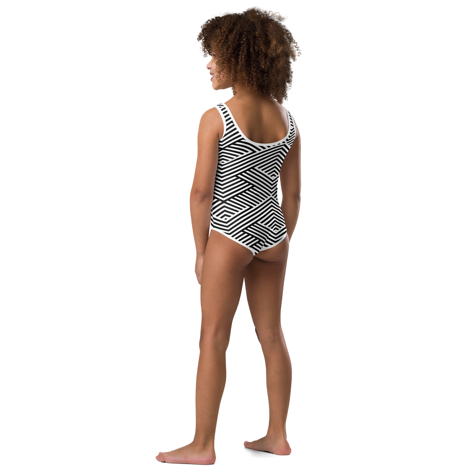Maillot de bain enfant - blanc et noir à rayures, graphique, minimaliste – vue de dos, finitions propres