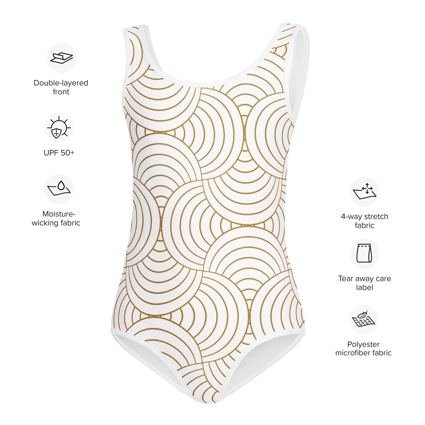 Maillot de bain enfant - blanc et or à spirales, graphique, minimaliste – Détail matière extensible et séchage rapide