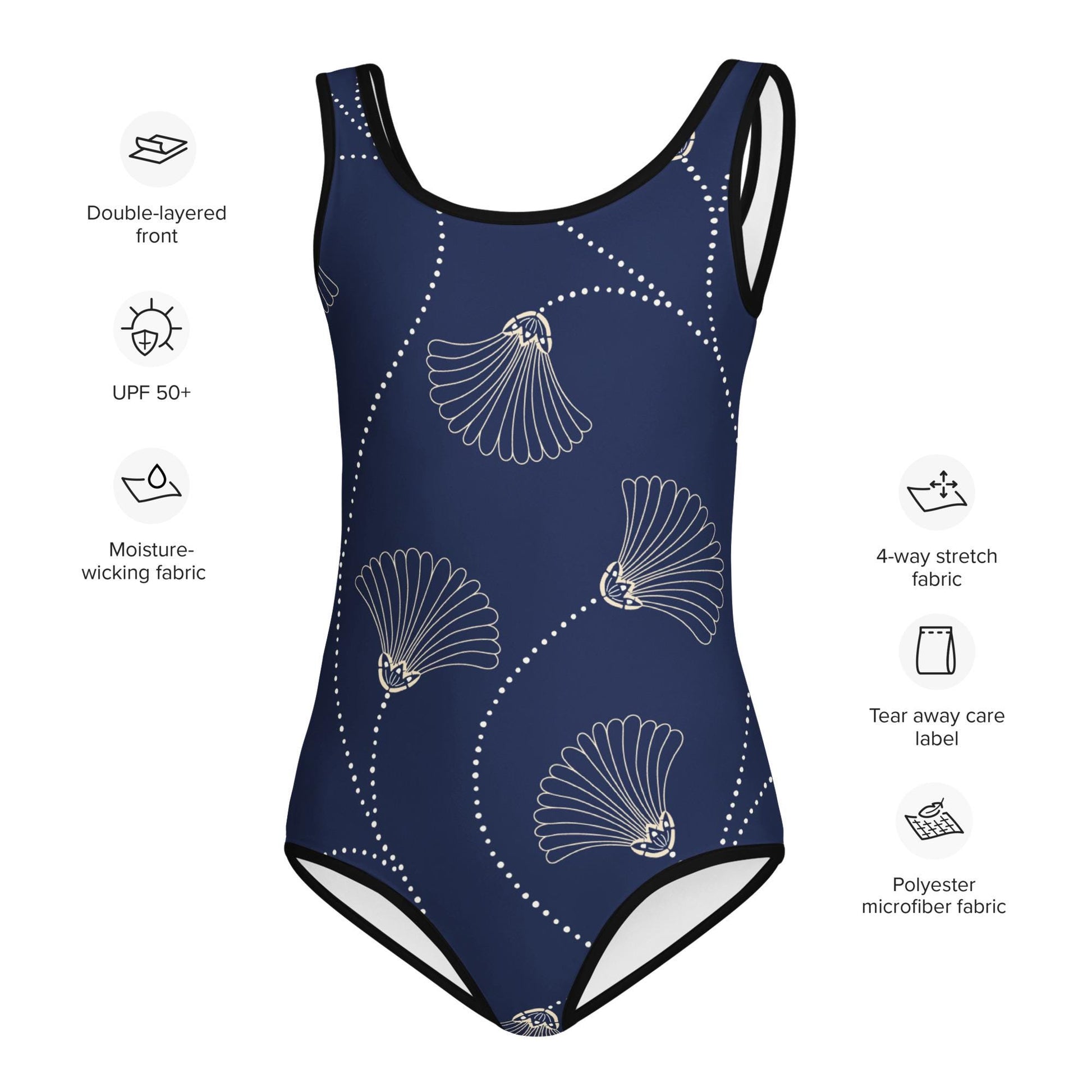 Maillot de bain enfant - bleu fleuri minimaliste – Détail matière extensible et séchage rapide