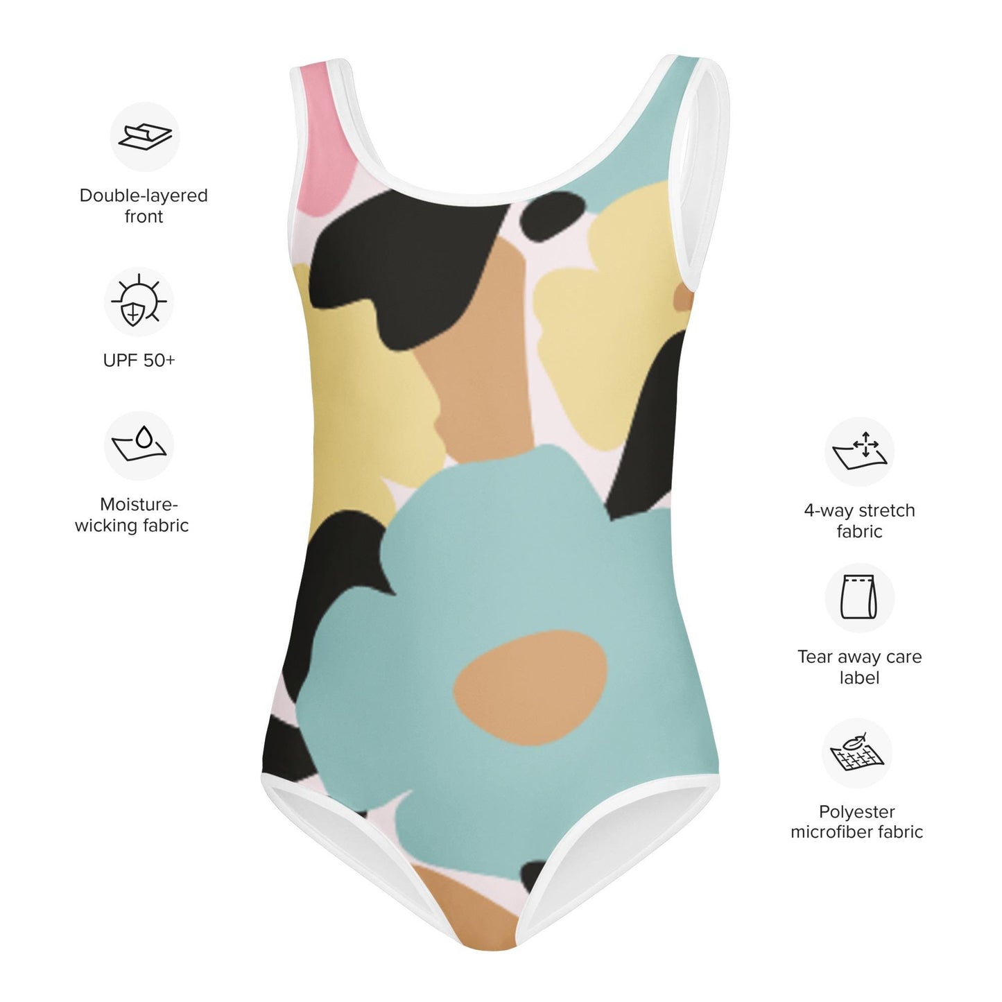 Maillot de bain enfant - fleuri pastel, nature minimaliste – Détail matière extensible et séchage rapide