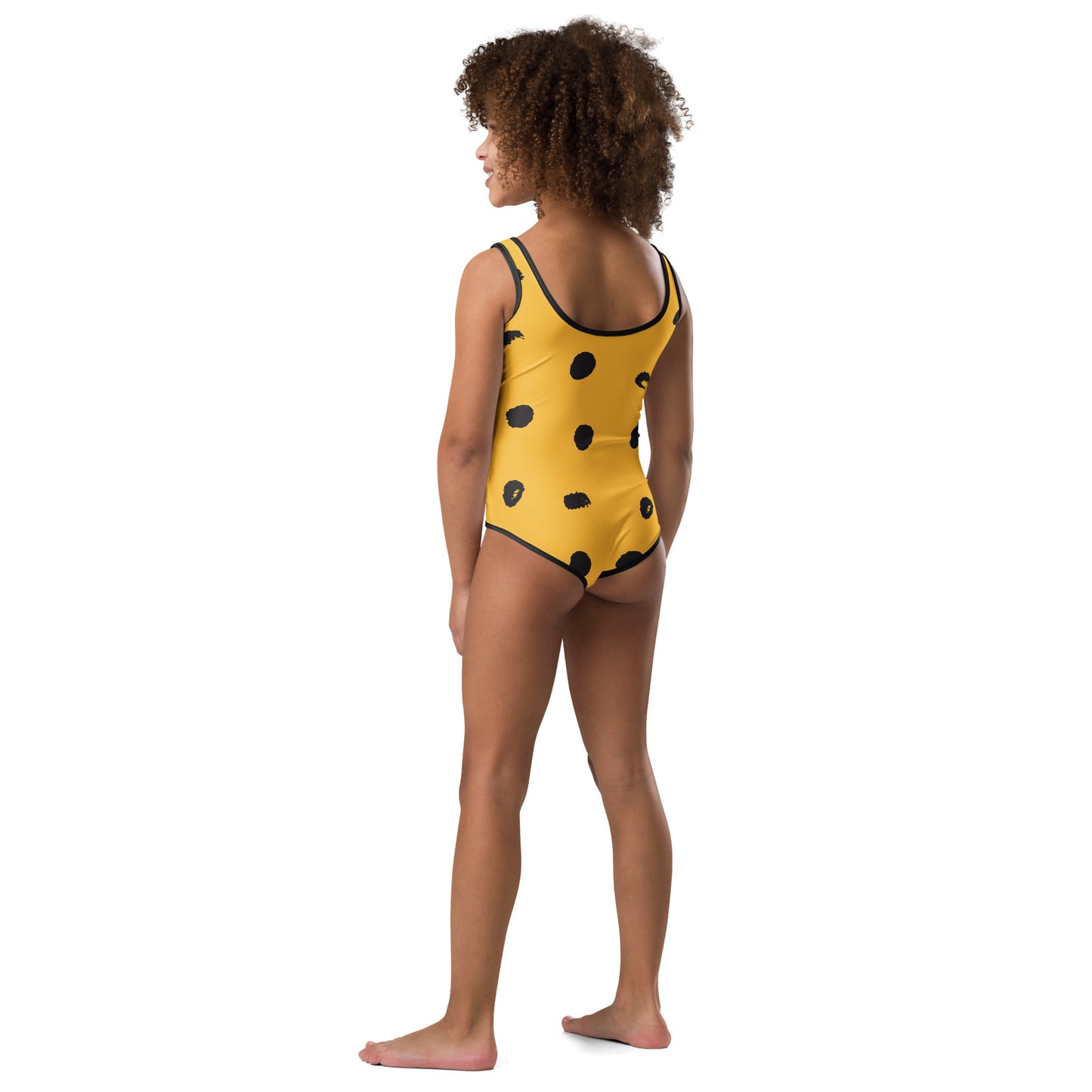 Maillot de bain enfant - jaune et noir à tacheté, imprimé animal, minimaliste – vue de dos, finitions propres