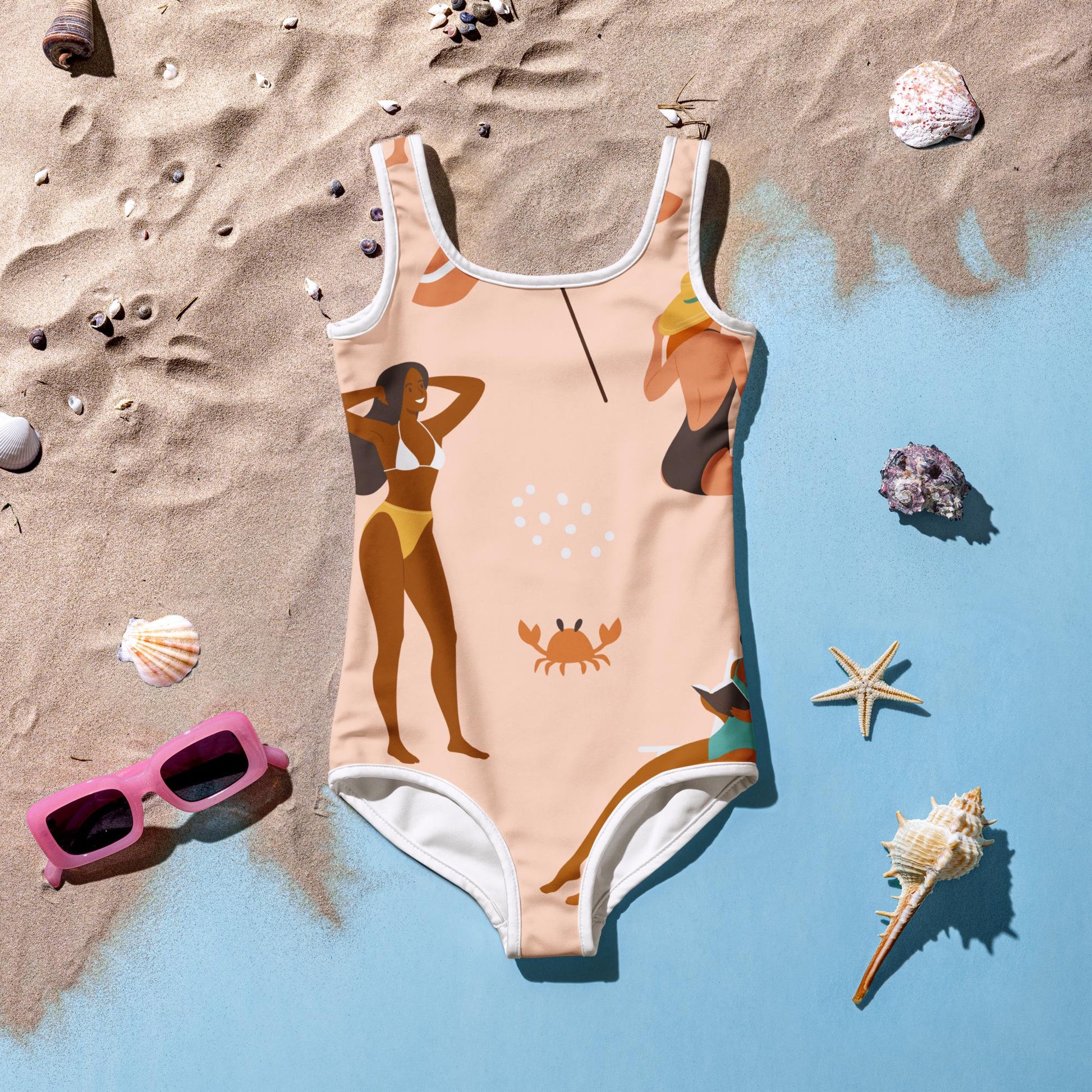 Maillot de bain enfant - saumon, design estival - Gros plan encolure/ourlets, maillot 1 pièce