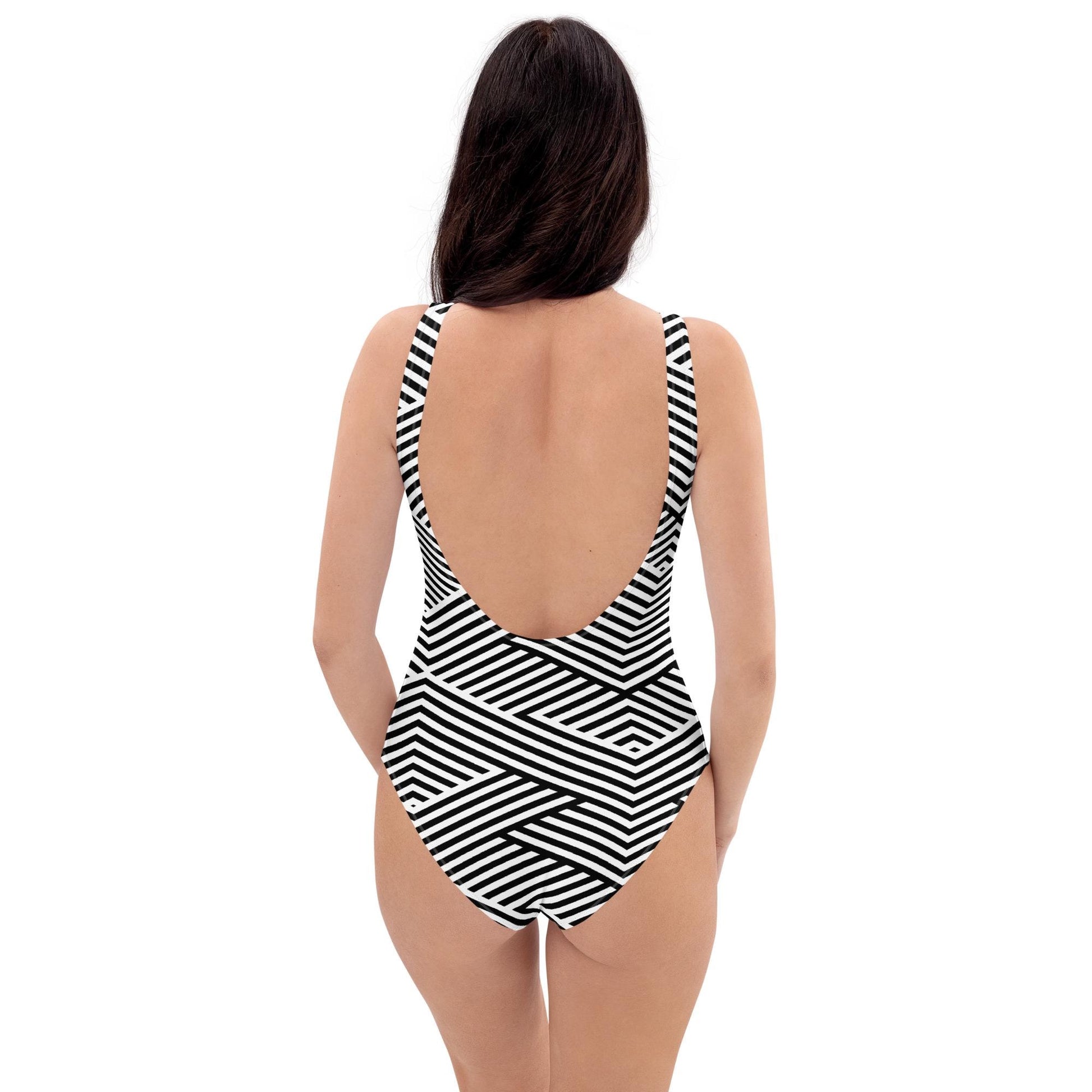 Maillot de bain une pièce femme  - blanc et noir  graphique à rayures minimaliste   – vue de dos, finitions propres