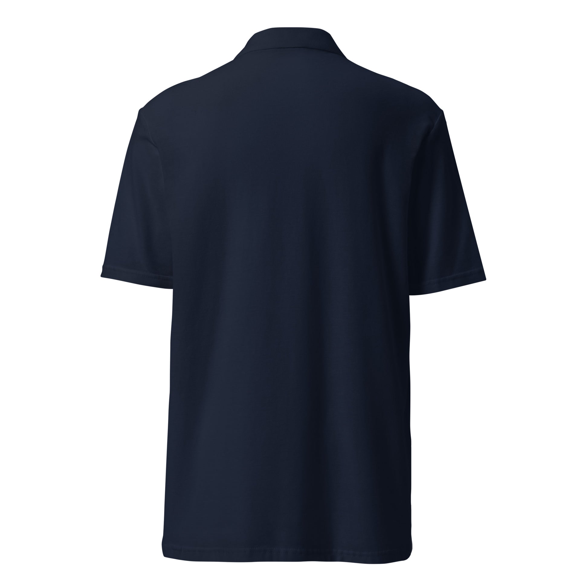 Polo homme – vue de dos, tombé propre motif brodé - coeur deja pris - bleu marine