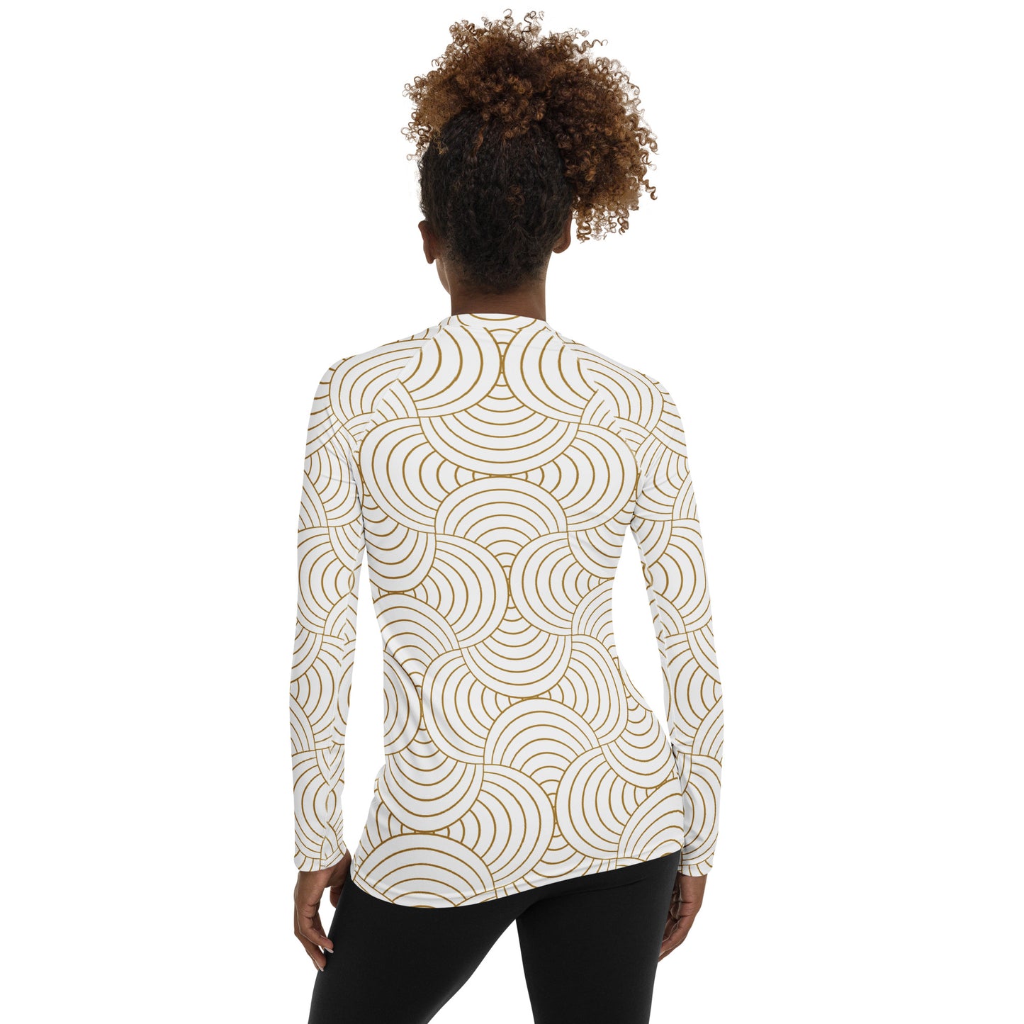 Rash guard femme - blanc et or graphique à ondulations graphique minimaliste  – vue de dos, finitions propres