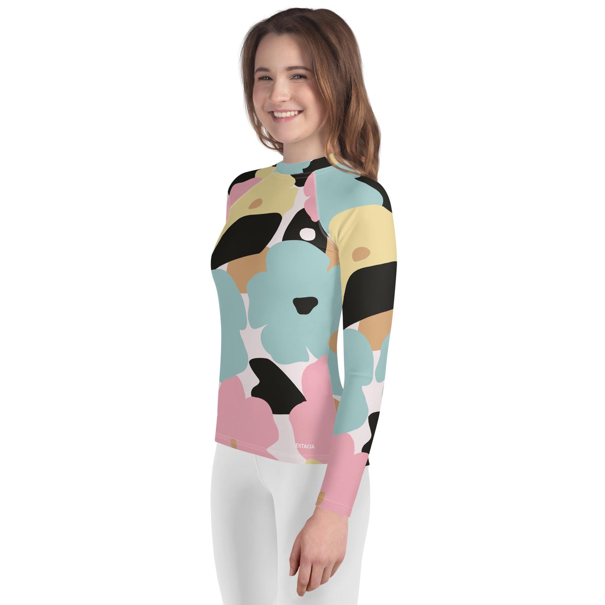 Rash guard fille ado - pastel fleuri  minimaliste – profil, respirant et séchage rapide