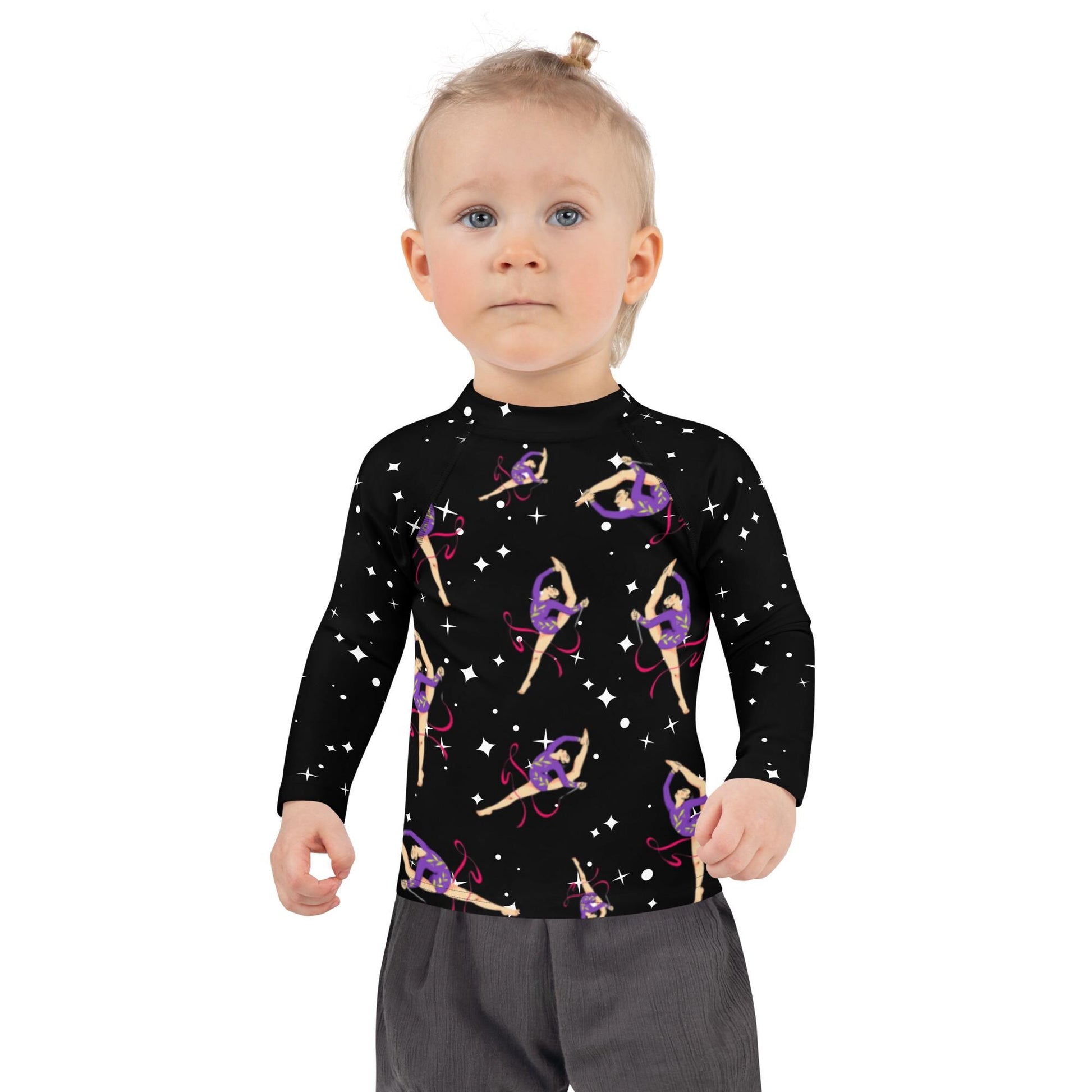 Rash guard petite fille – Noir Etoilé, motif gymnaste danseuse - Détail maille technique, confort sur peau sensible