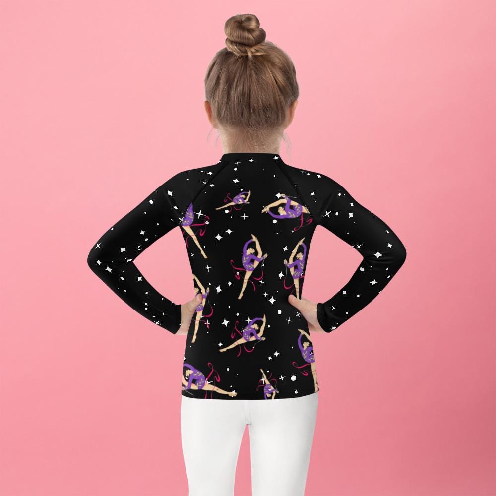 Rash guard petite fille – Noir Etoilé, motif gymnaste danseuse - vue de dos, finitions propres