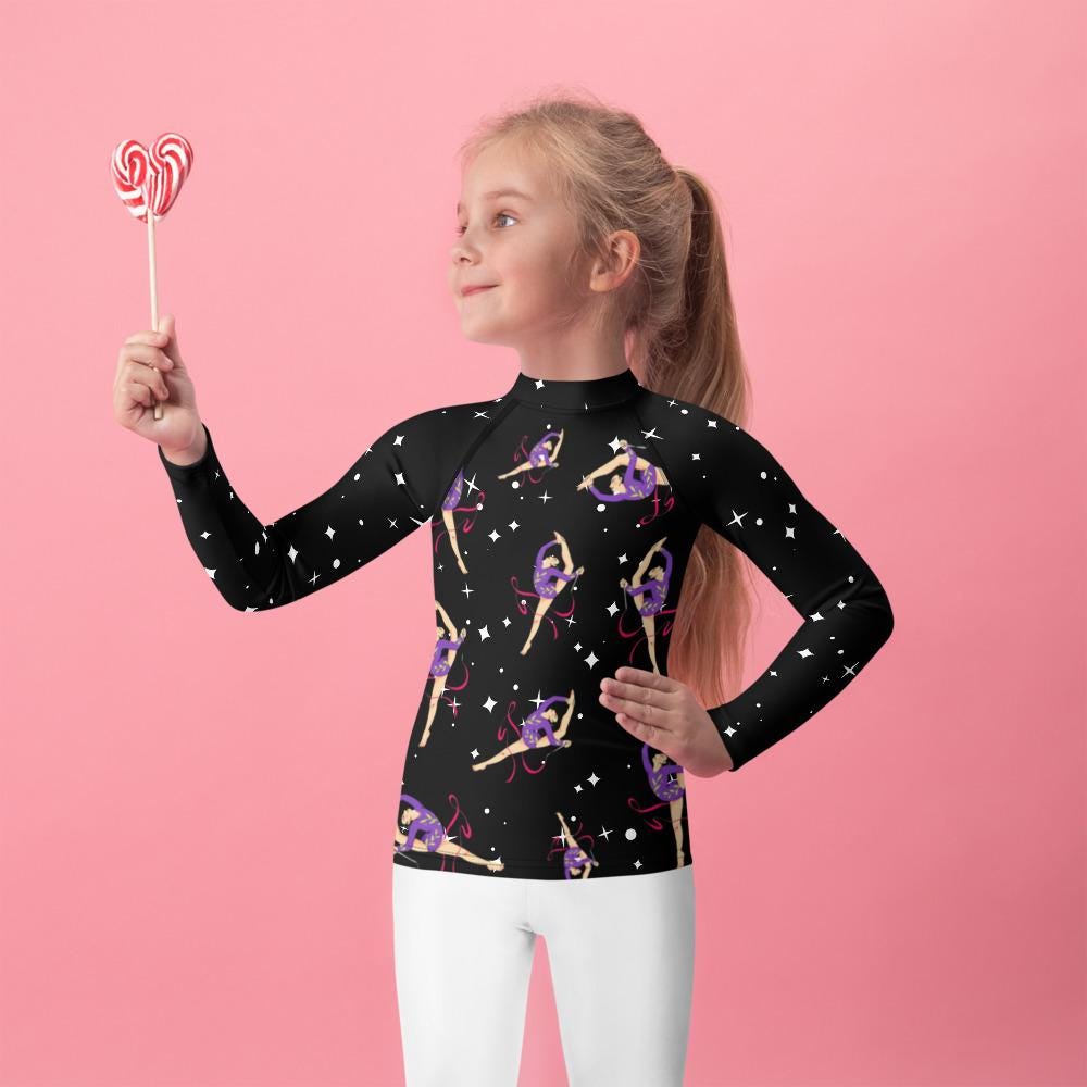 Rash guard petite fille – Noir Etoilé, motif gymnaste danseuse - vue de face, compression légère