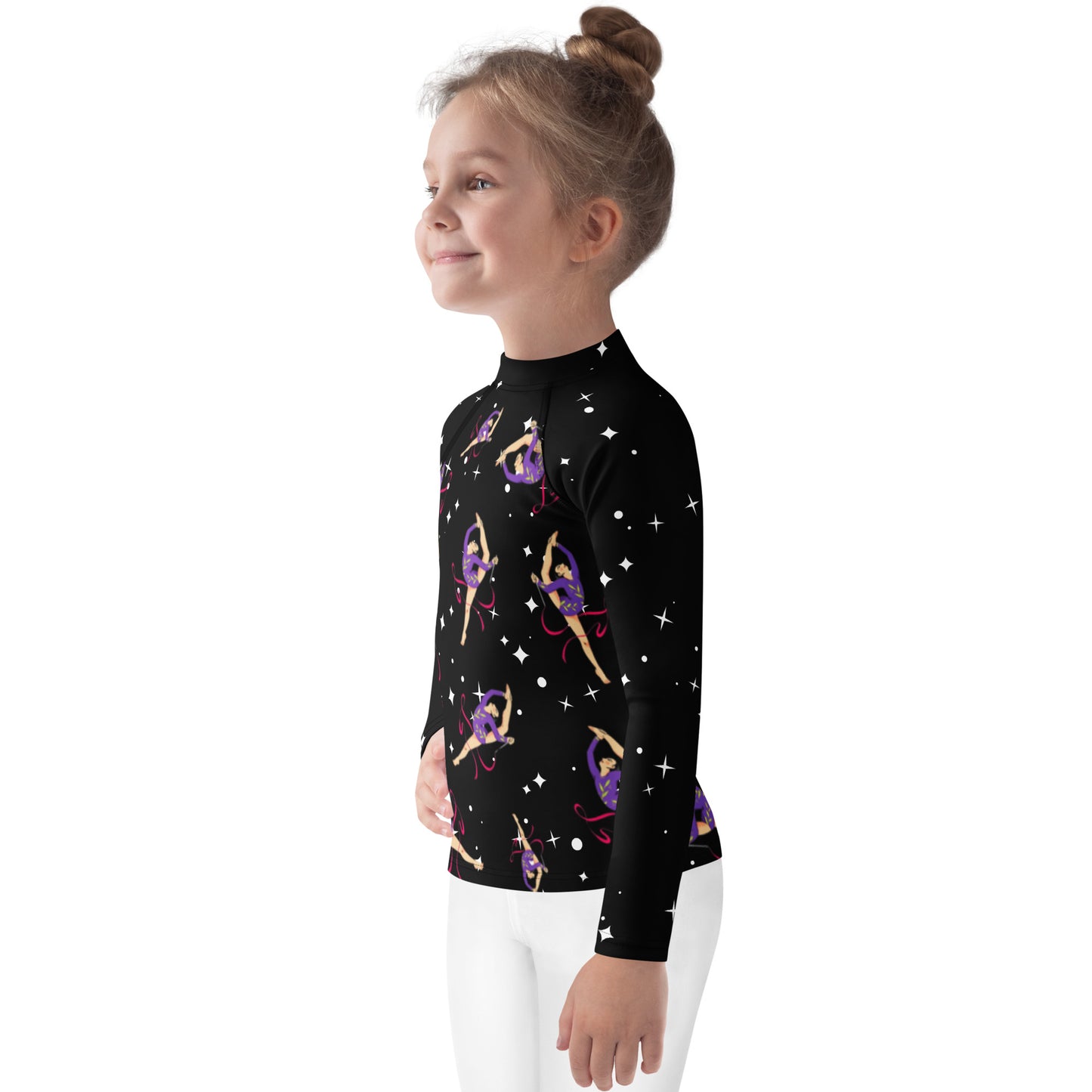 Rash guard petite fille – Noir Etoilé, motif gymnaste danseuse - vue de profil, respirant et séchage rapide