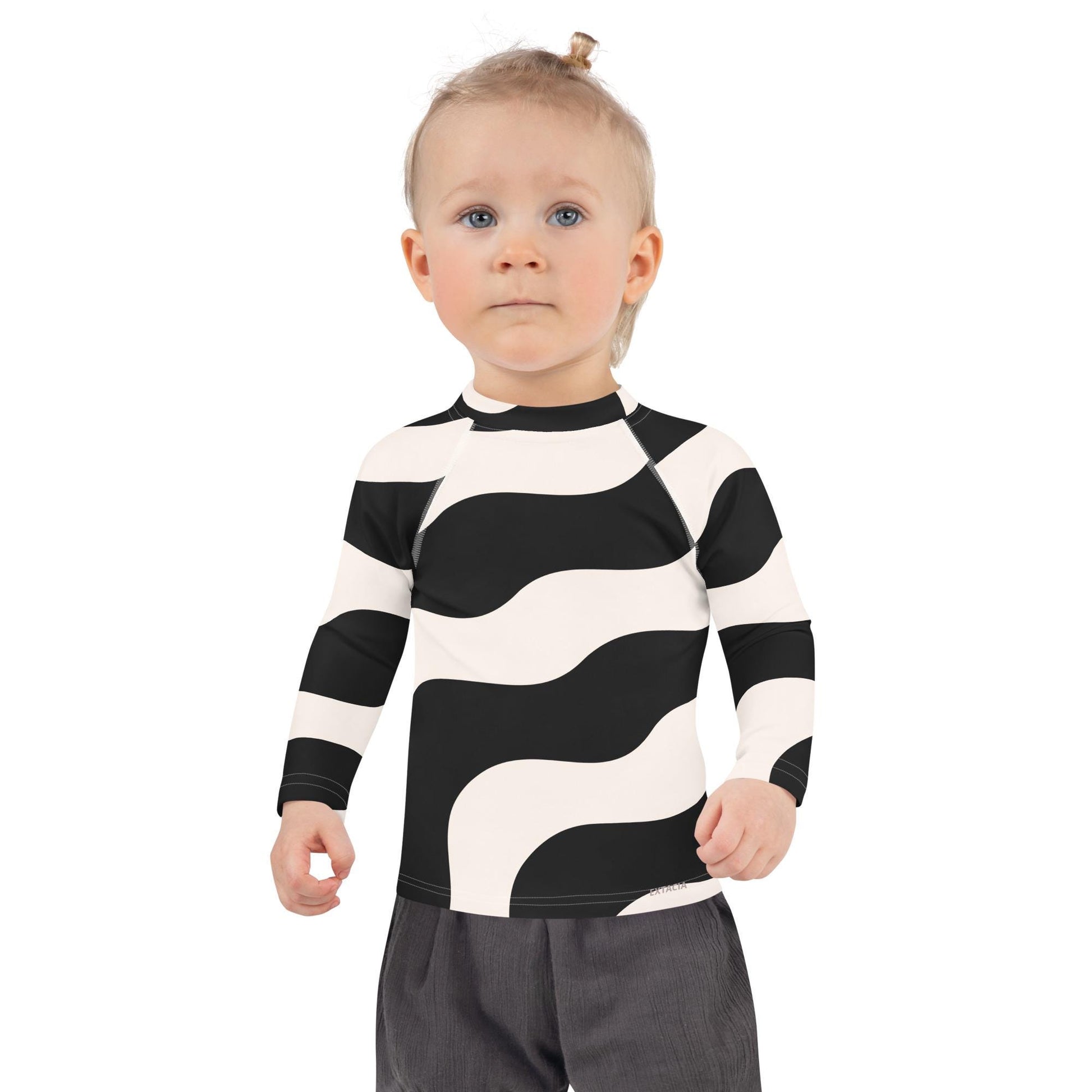 Rash guard petite fille –beige et noir à ondulations graphique minimaliste - Détail maille technique, confort sur peau sensible