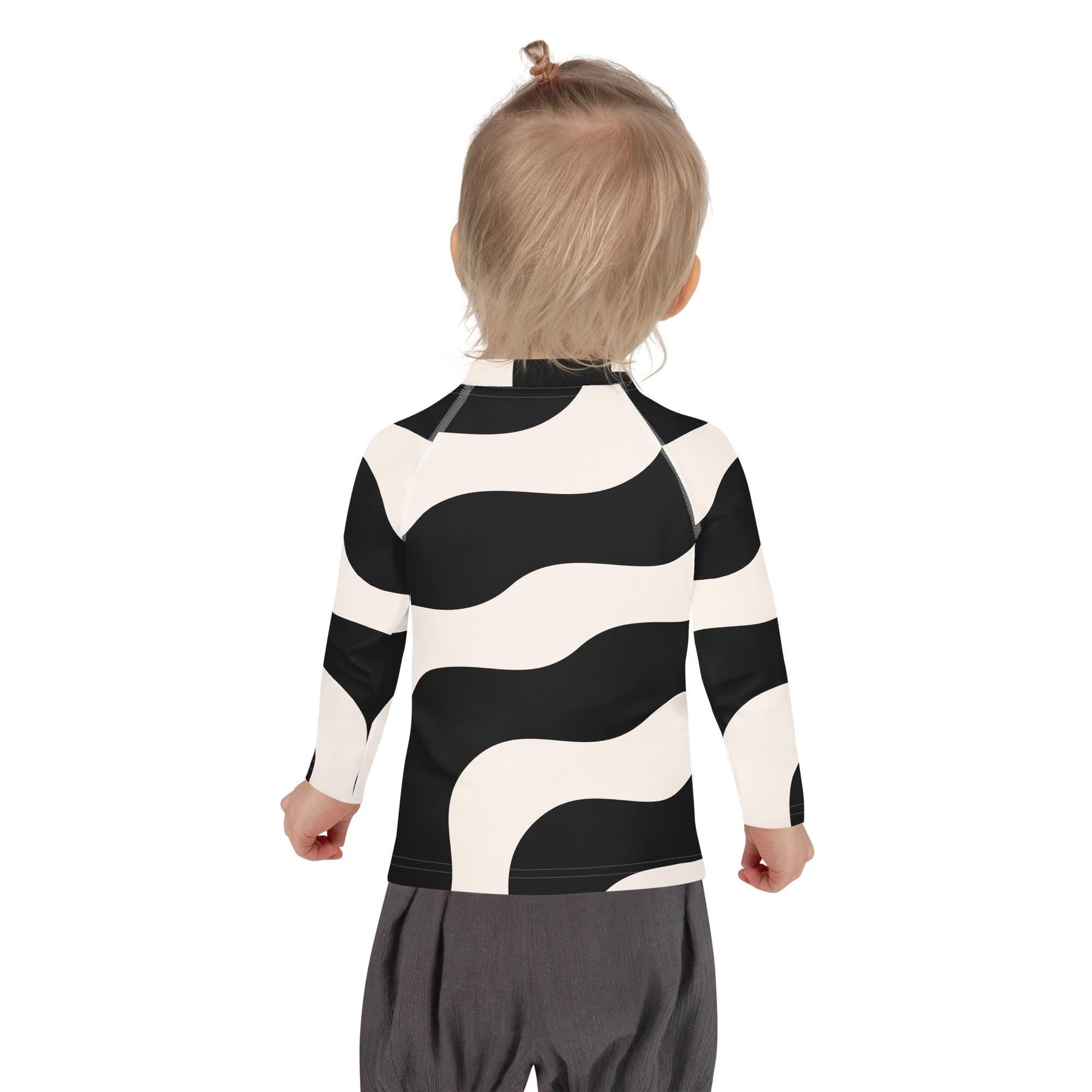 Rash guard petite fille –beige et noir à ondulations graphique minimaliste - Porté piscine/plage – mouvement libre, tenue stable