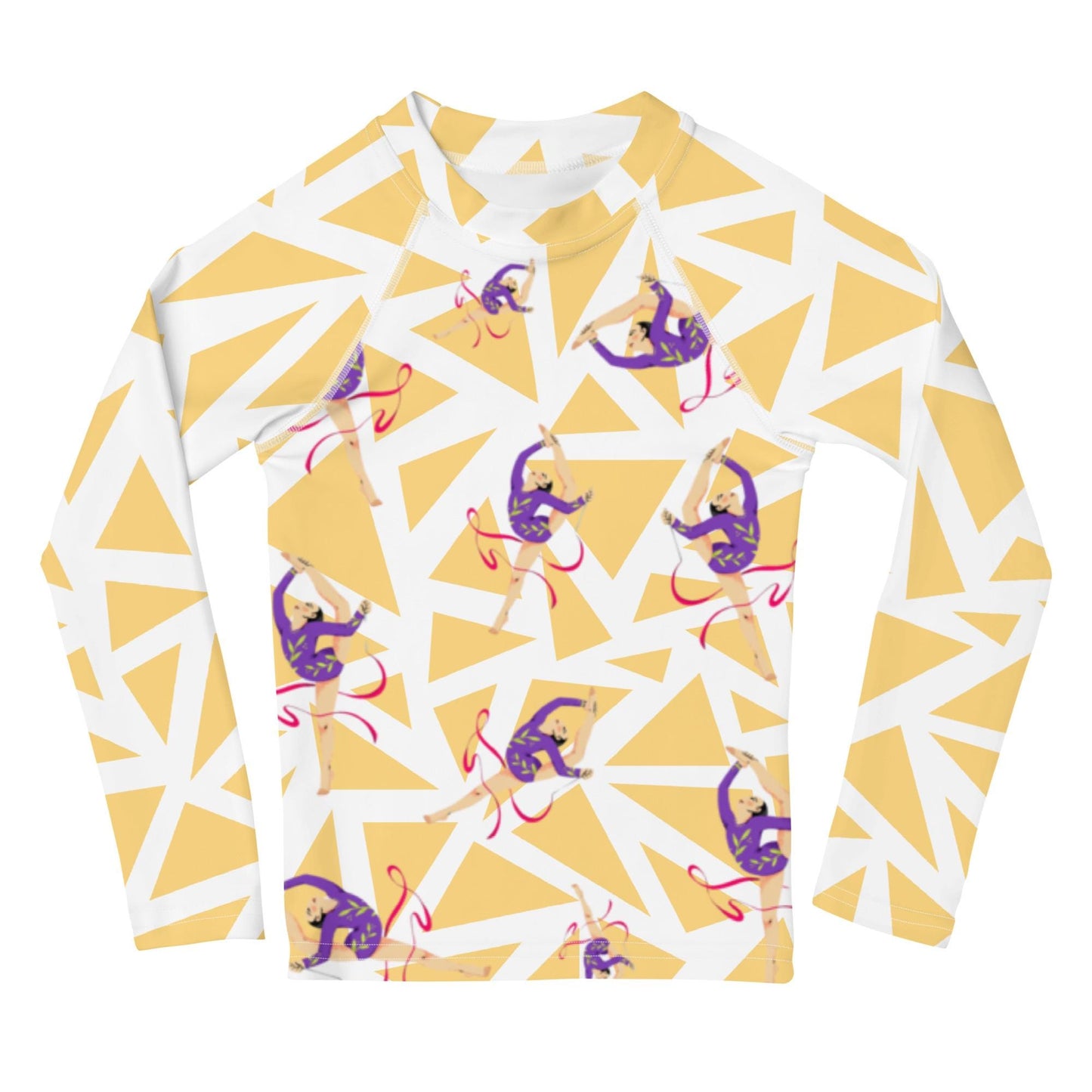 Rash guard petite fille – blanc et jaune graphique, motif gymnaste danseuse - Col/poignets/ourlets