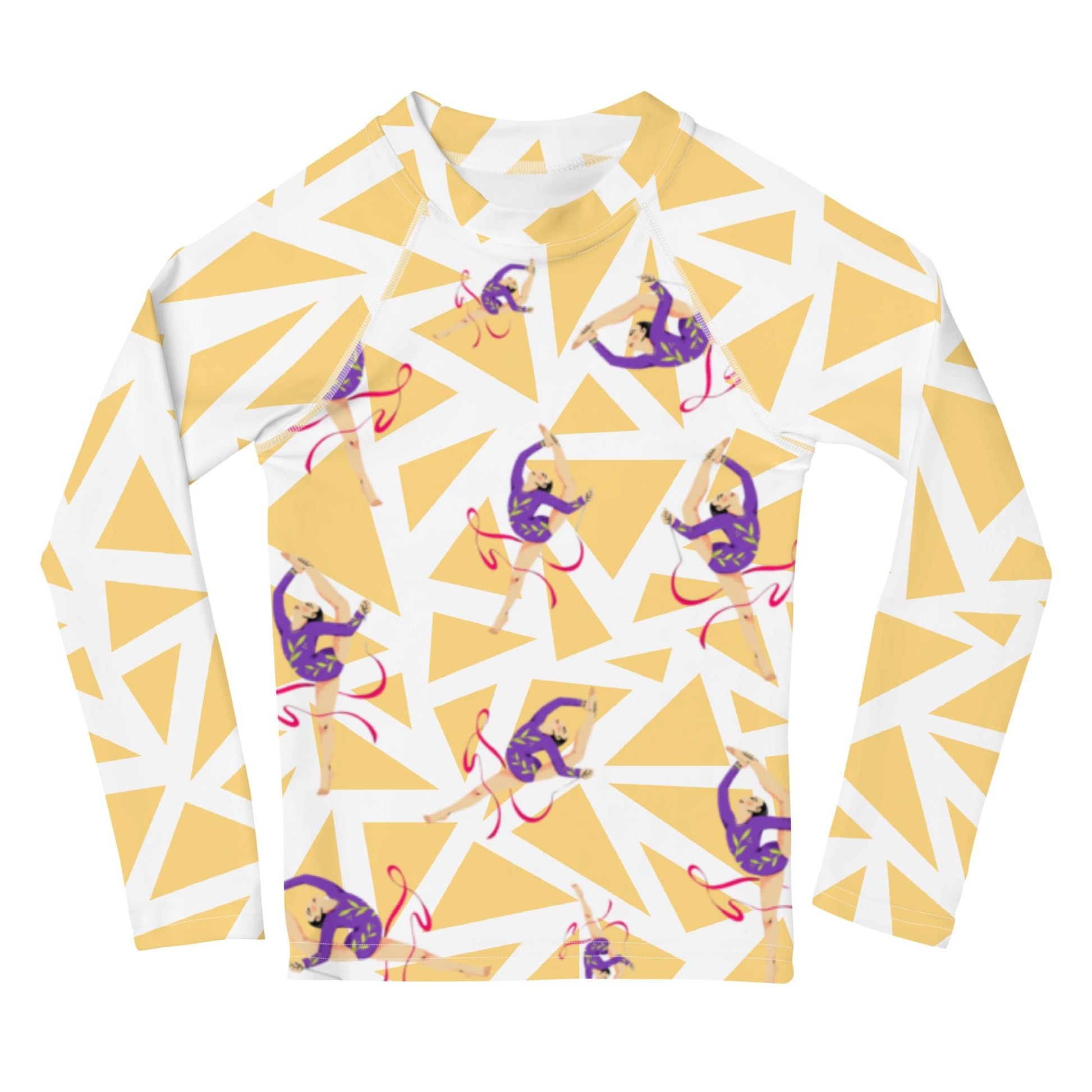 Rash guard petite fille – blanc et jaune graphique, motif gymnaste danseuse - Col/poignets/ourlets