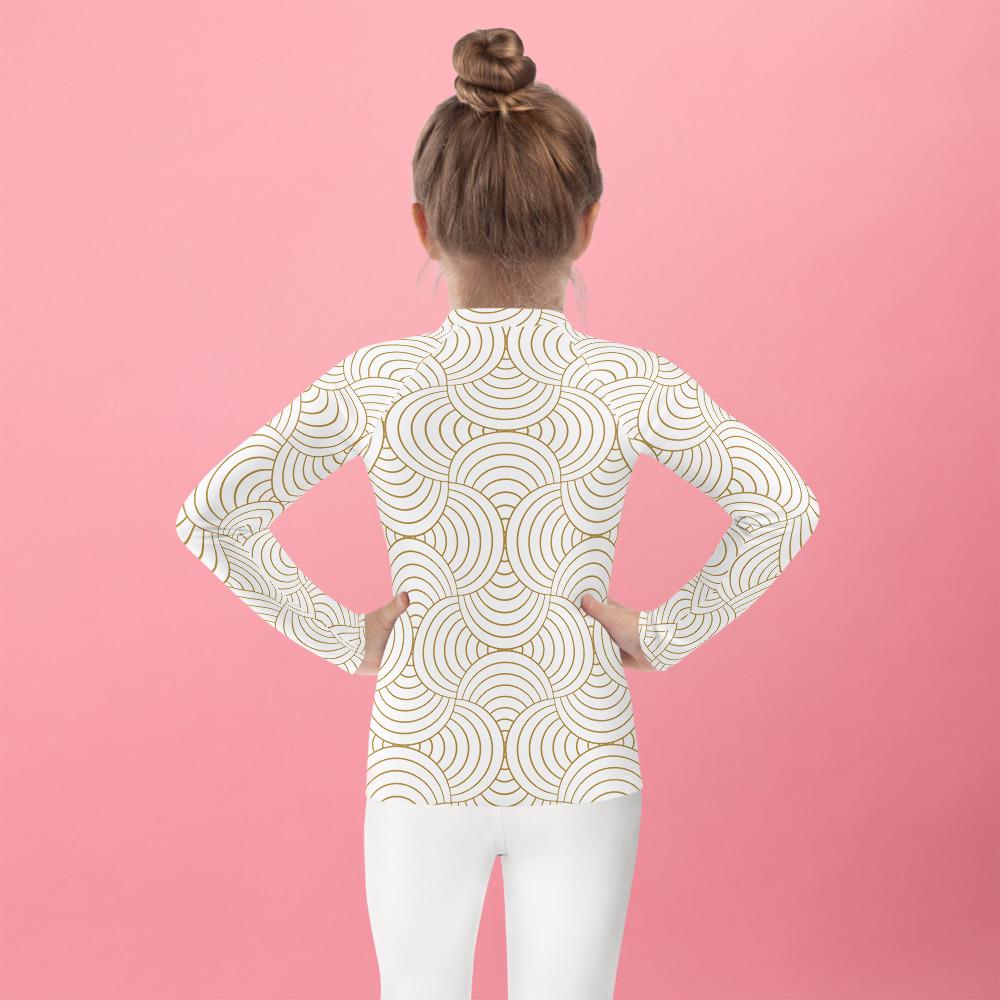 Rash guard petite fille – blanc et or graphique minimaliste - vue de dos, finitions propres