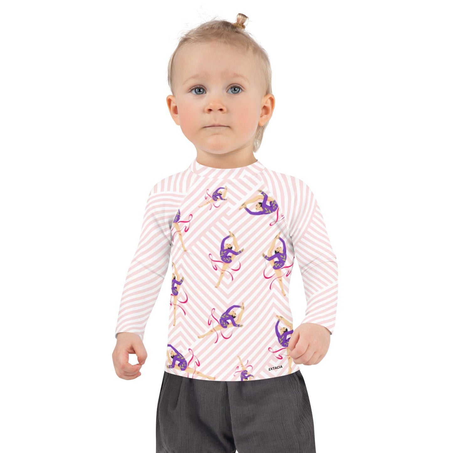 Rash guard petite fille – blanc et rose motif gymnaste danseuse - Détail maille technique, confort sur peau sensible
