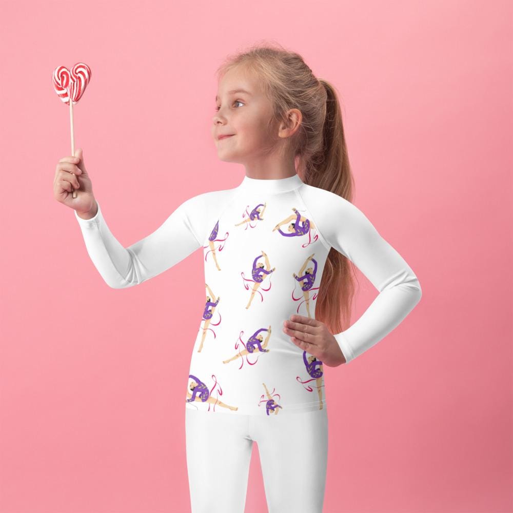 Rash guard petite fille – blanc, motif gymnaste danseuse - vue de face, compression légère
