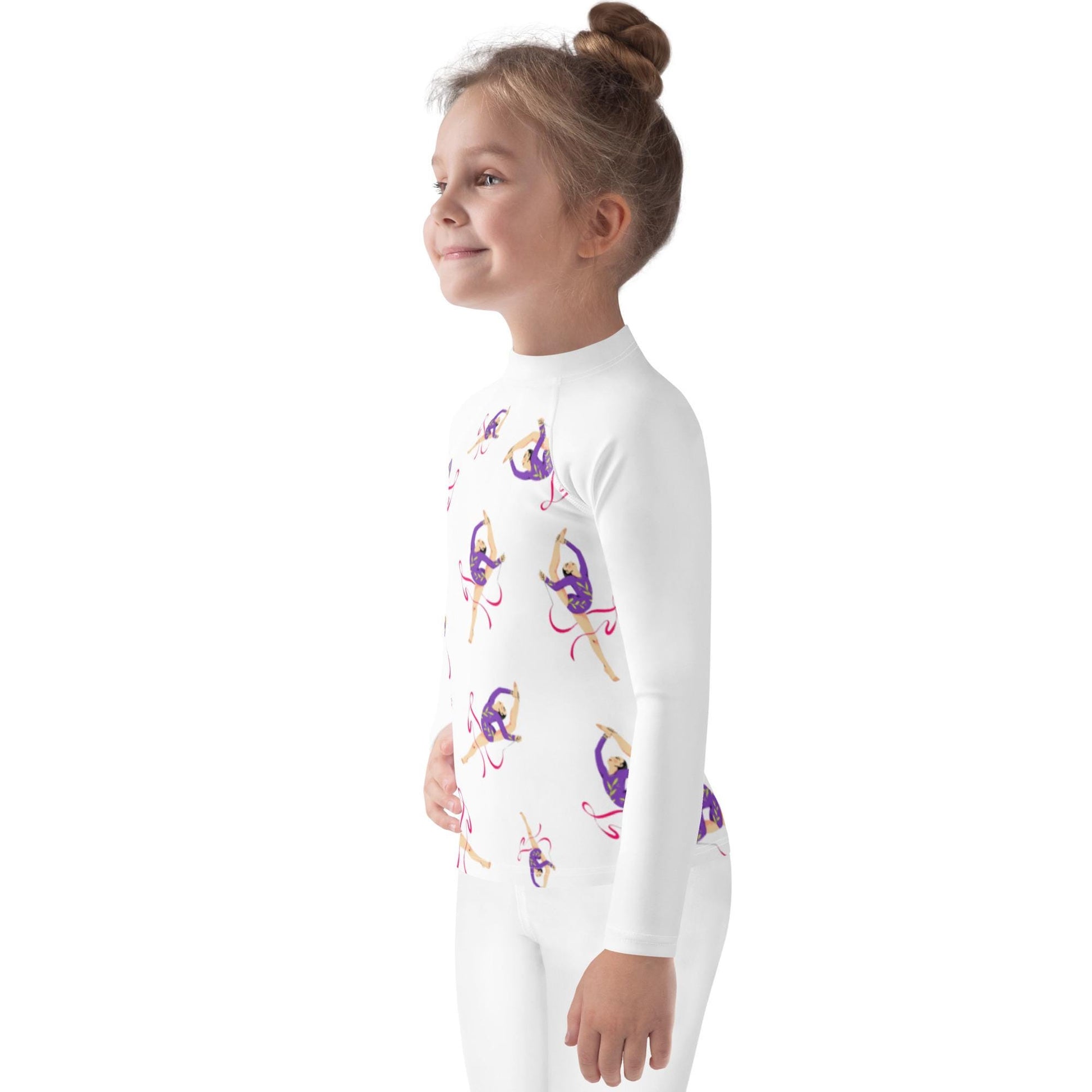 Rash guard petite fille – blanc, motif gymnaste danseuse - vue de profil, respirant et séchage rapide