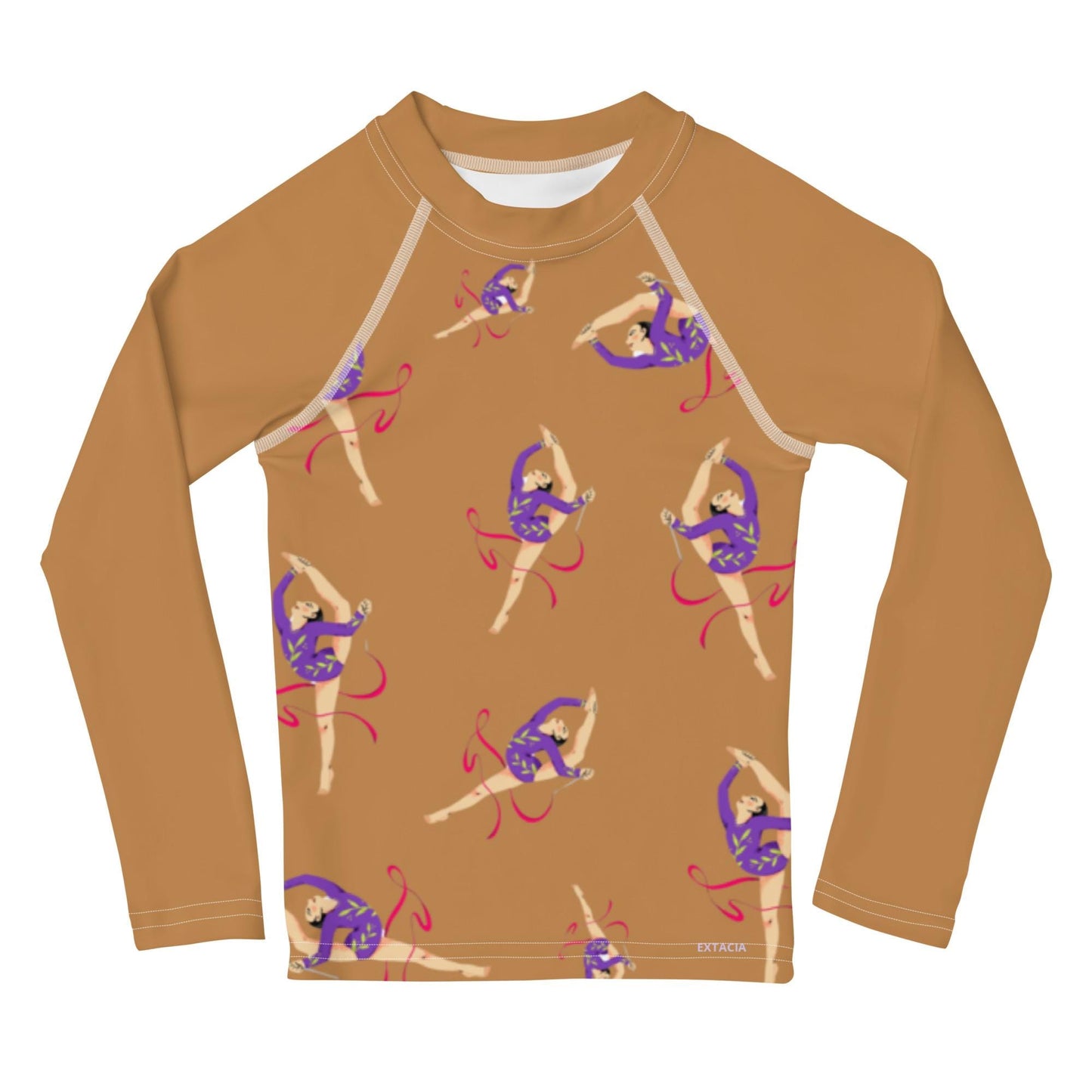 Rash guard petite fille – camel, motif gymnaste danseuse - Col/poignets/ourlets
