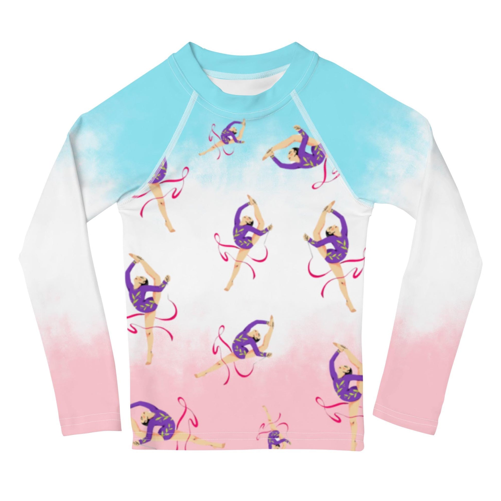 Rash guard petite fille – dégradé bleu blanc rosé - motif gymnaste danseuse - Porté piscine/plage – Col/poignets/ourlets