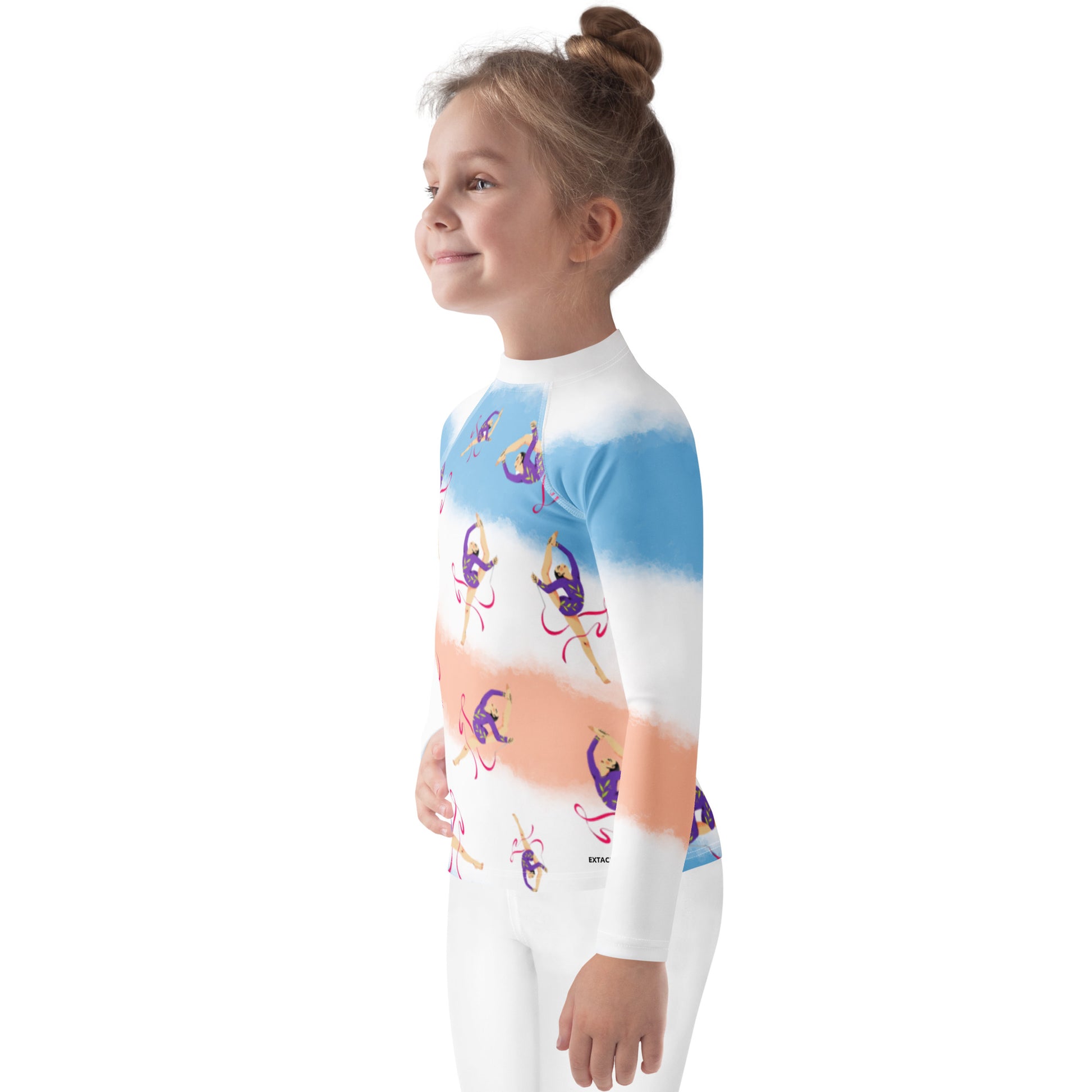 Rash guard petite fille – dégradé bleu blanc saumon - motif gymnaste danseuse - vue de profil, respirant et séchage rapide