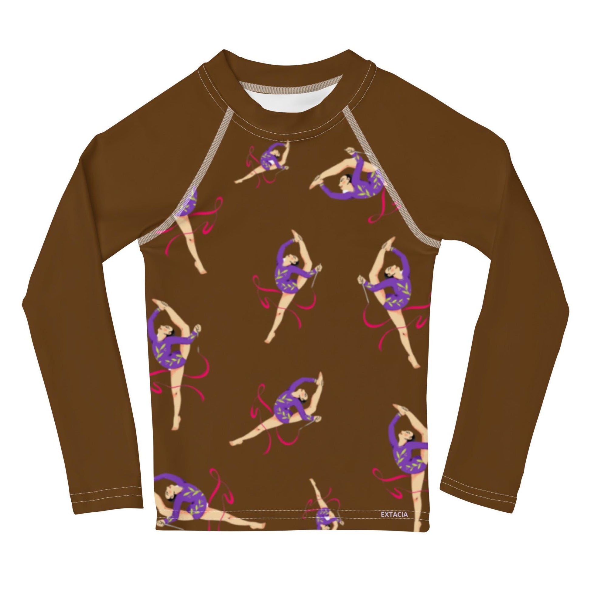 Rash guard petite fille – marron, motif gymnaste danseuse - Col/poignets/ourlets