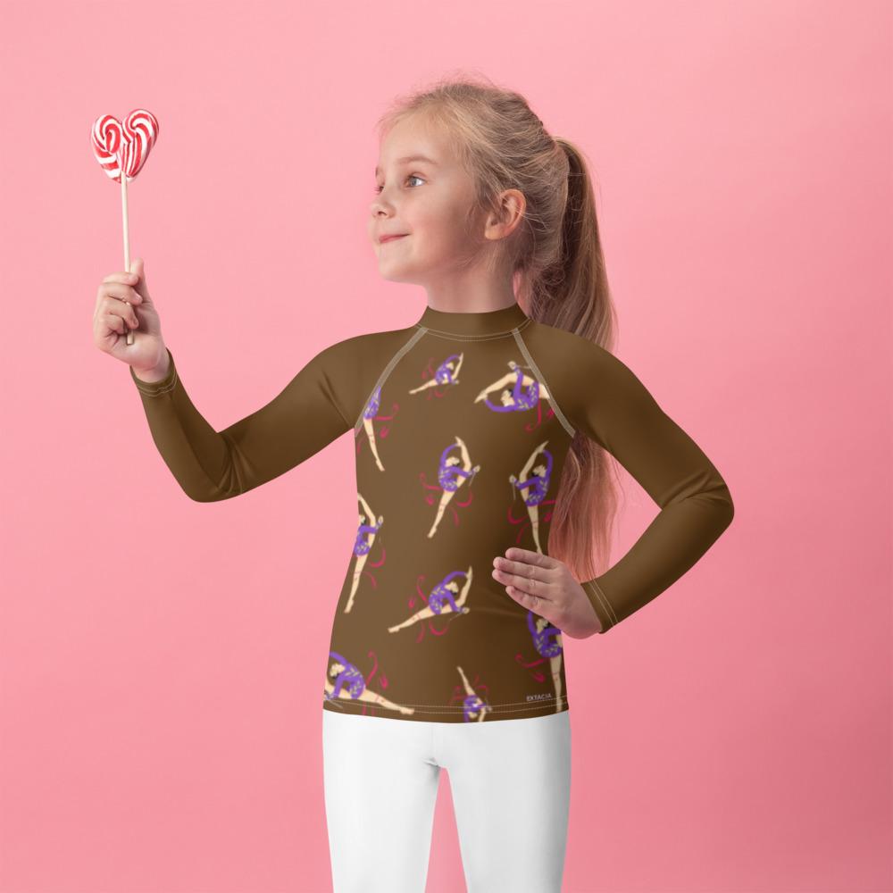 Rash guard petite fille – marron, motif gymnaste danseuse - vue de face, compression légère
