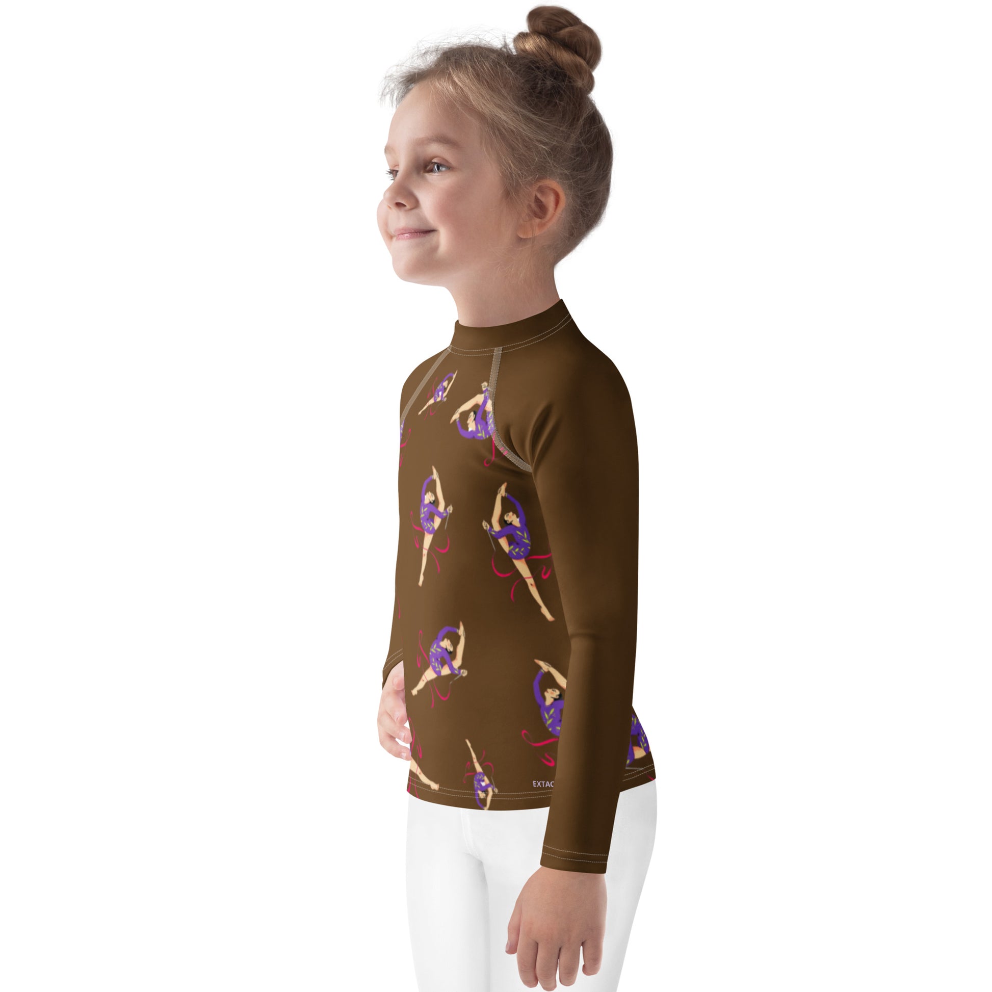 Rash guard petite fille – marron, motif gymnaste danseuse - vue de profil, respirant et séchage rapide