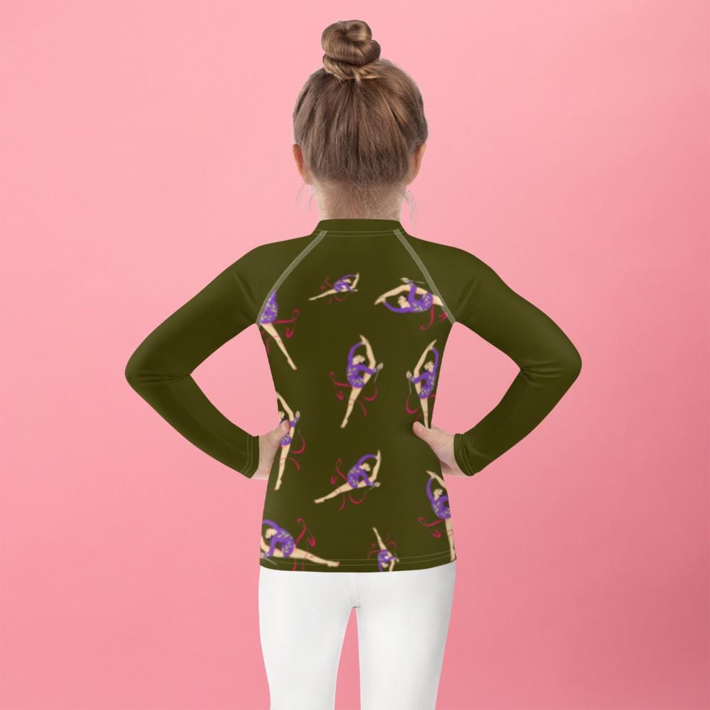 Rash guard petite fille – vert militaire motif gymnaste danseuse - vue de dos, finitions propres