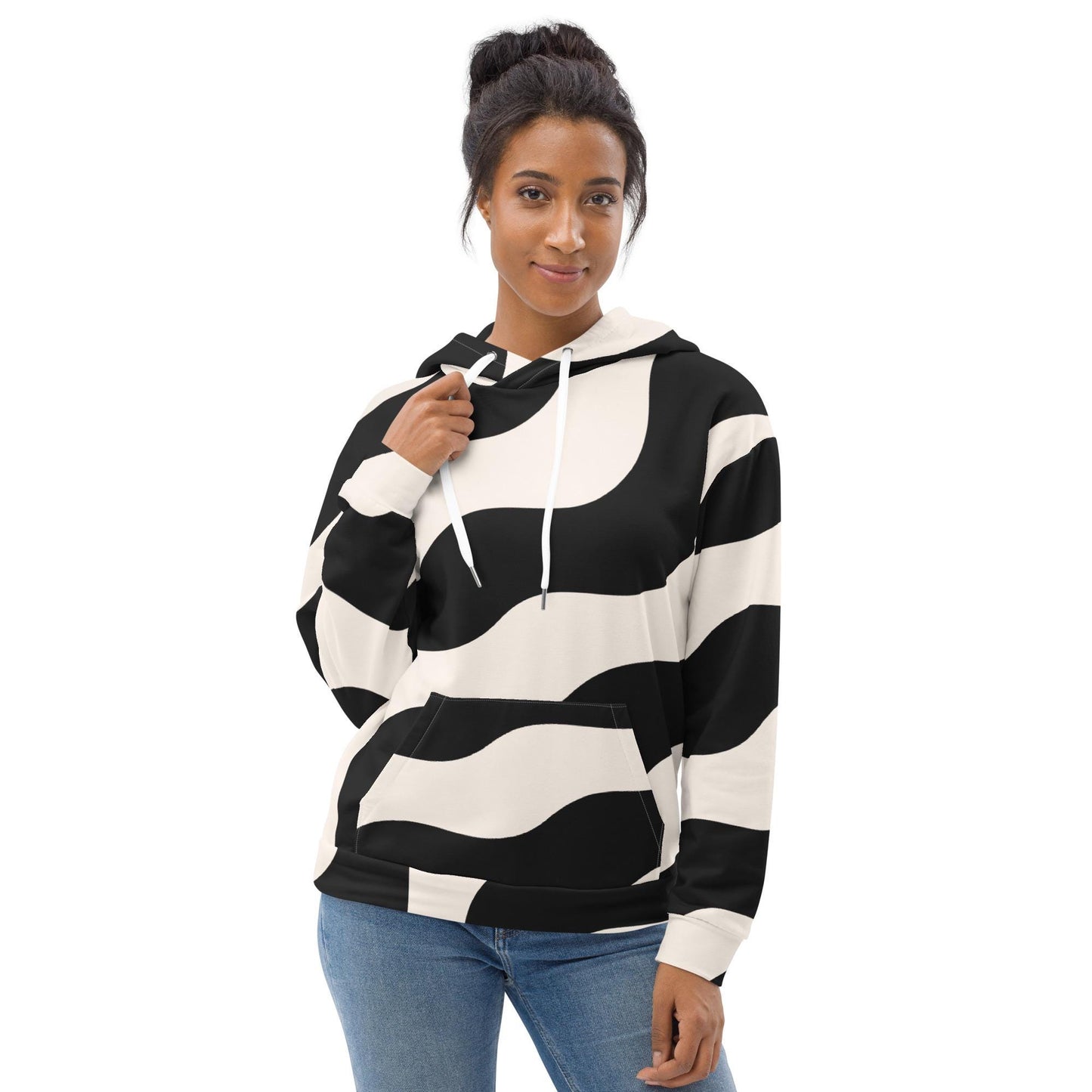 Sweat à capuche femme – polyester recyclé, vue de face  - beige et noir - graphique minimaliste