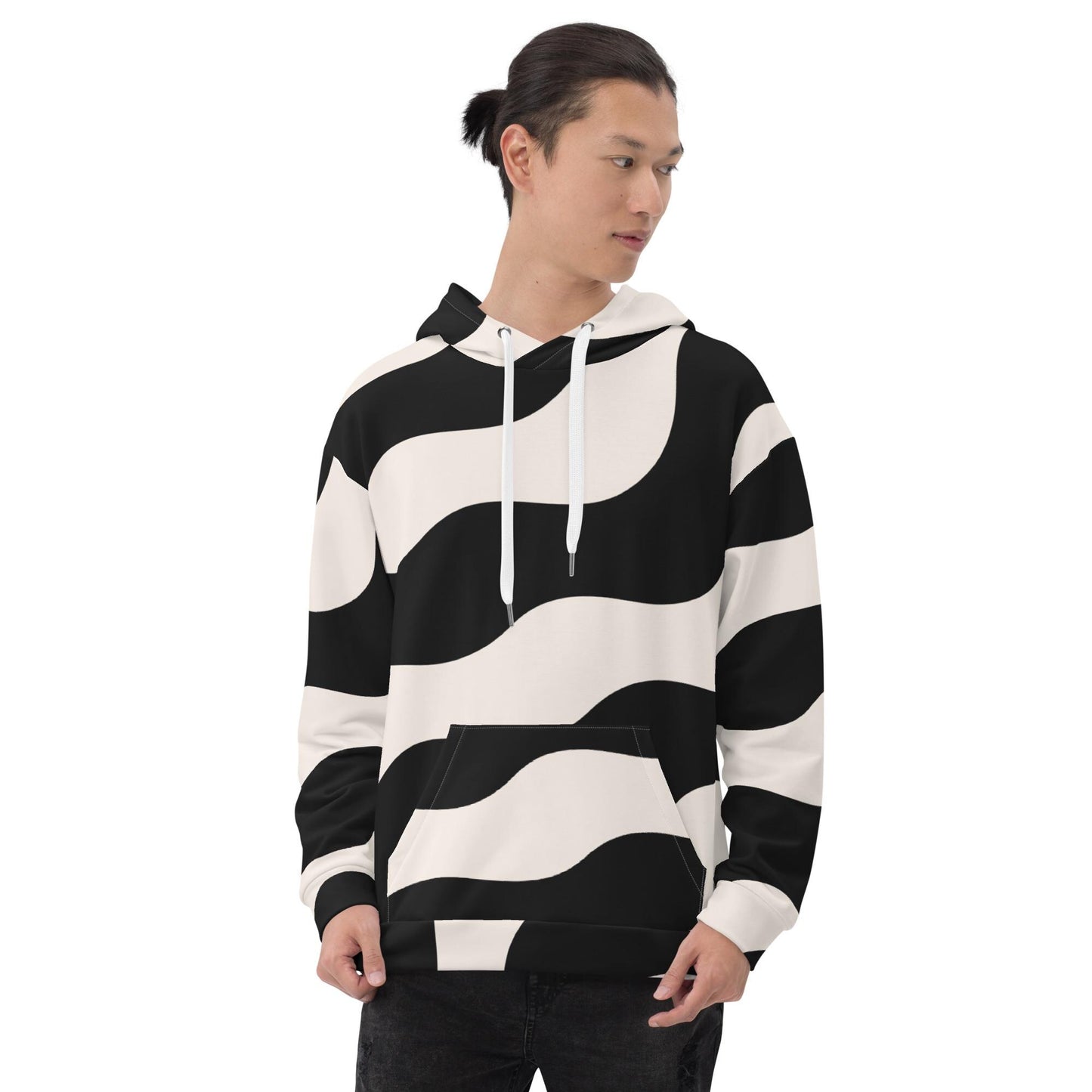 Sweat à capuche homme – polyester recyclé, vue de face - beige et noir - graphique minimaliste