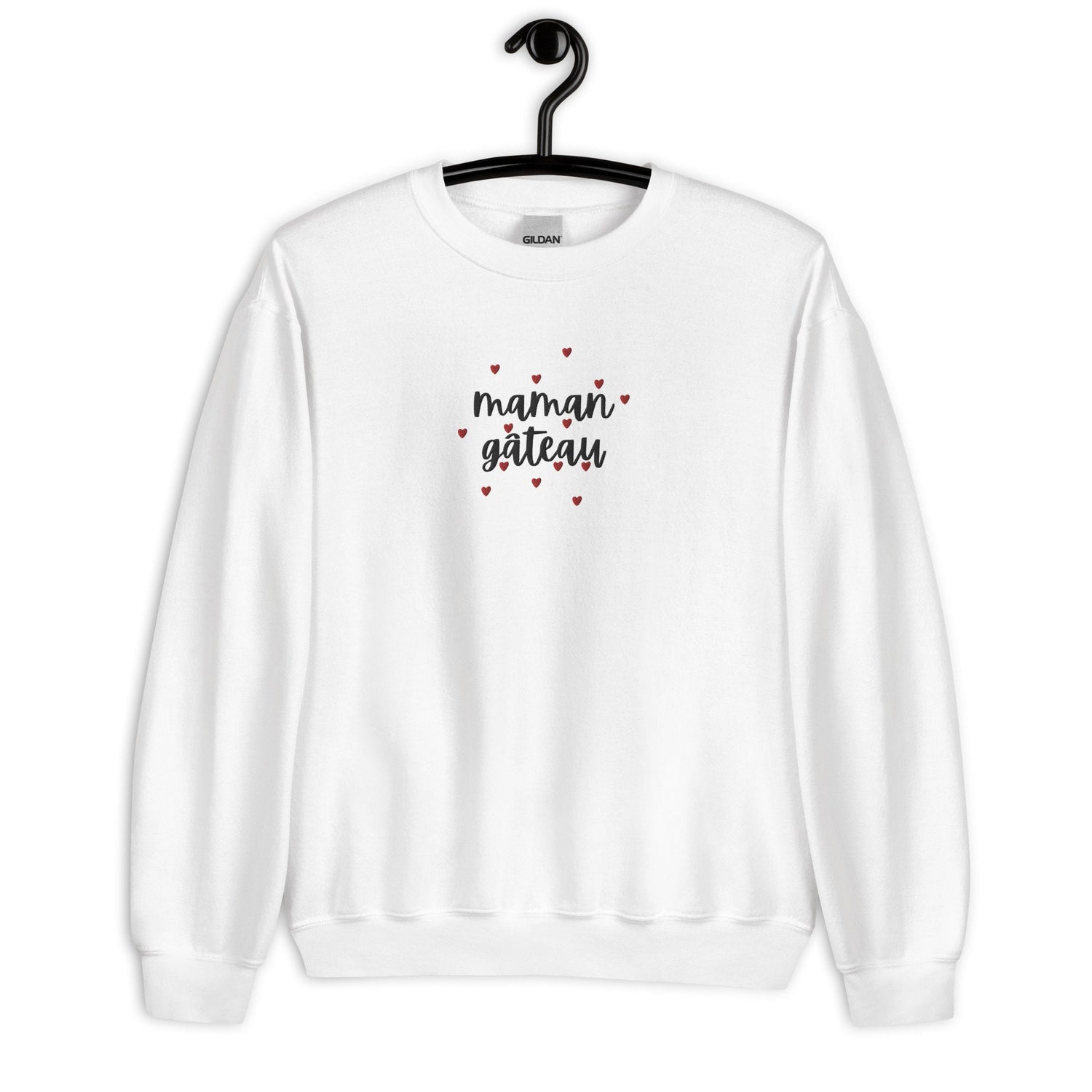 Sweat col rond femme  – vue de face, **motif brodé** - maman gâteau - blanc