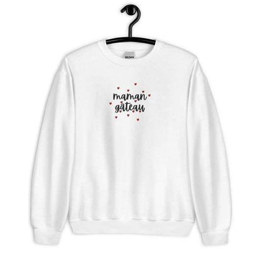 Sweat col rond femme  – vue de face, **motif brodé** - maman gâteau - blanc