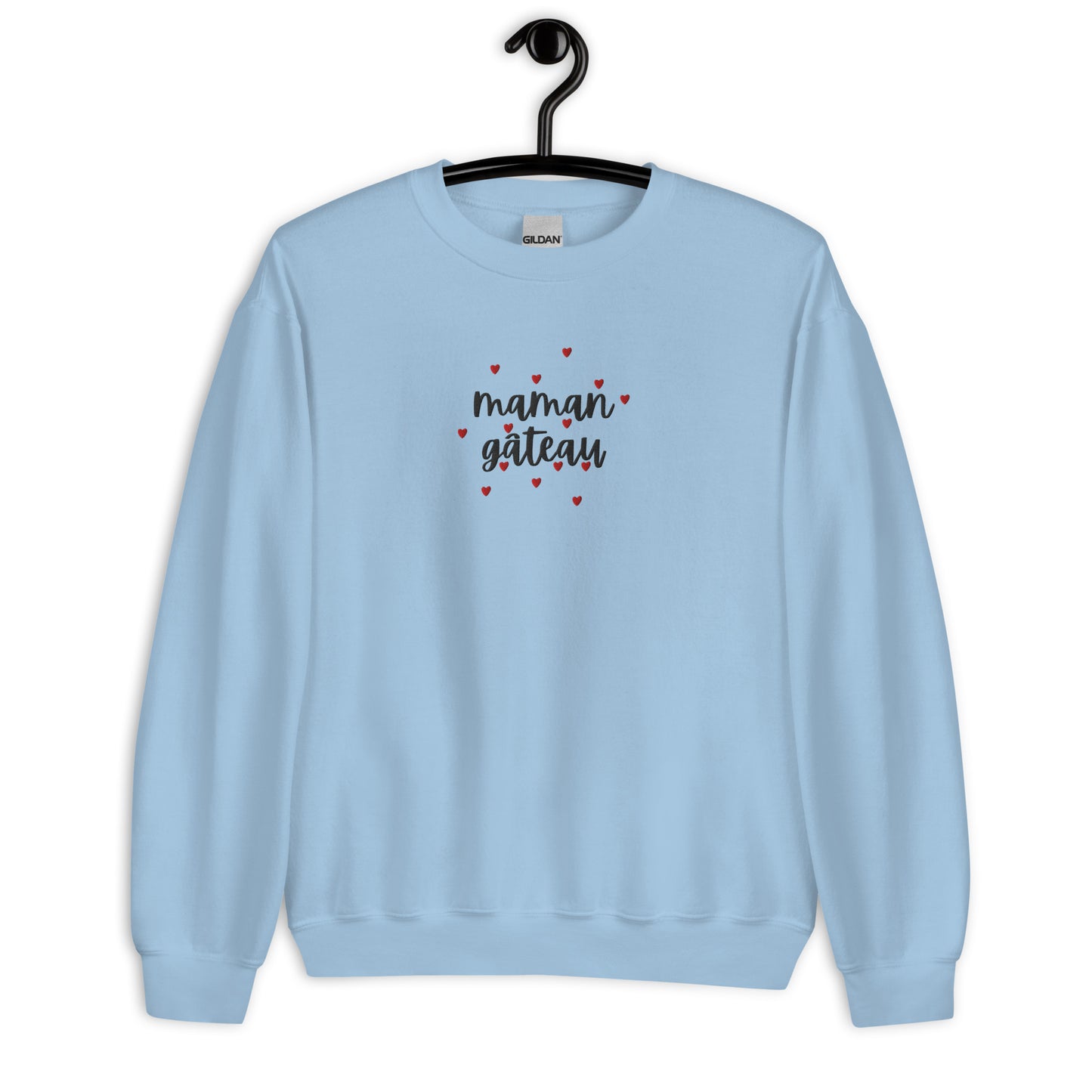 Sweat col rond femme  – vue de face, **motif brodé** - maman gâteau - bleu