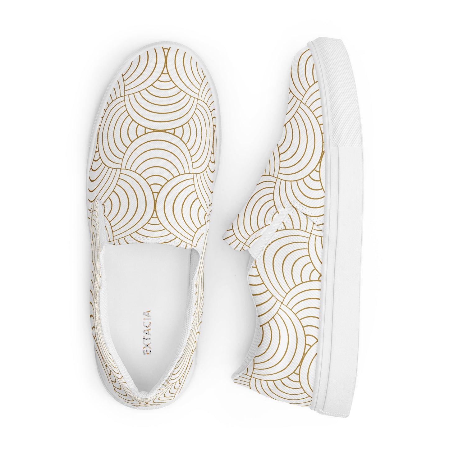 Tennis en toile femme - blanc et or, graphique -  sans lacets – vue latérale, tige respirante