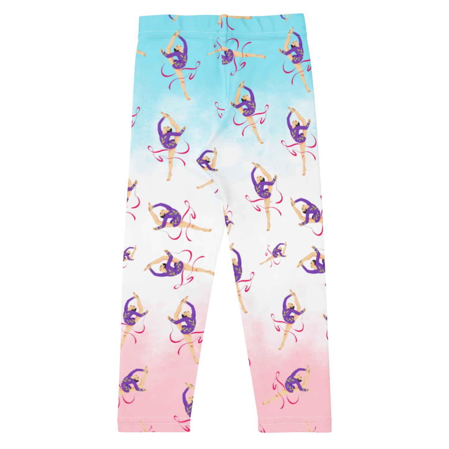 Legging pour petite fille – Dégradé Bleu, Blanc, Rosé – Doux, extensible, toutes saisons – Motif Gymnaste Danseuse