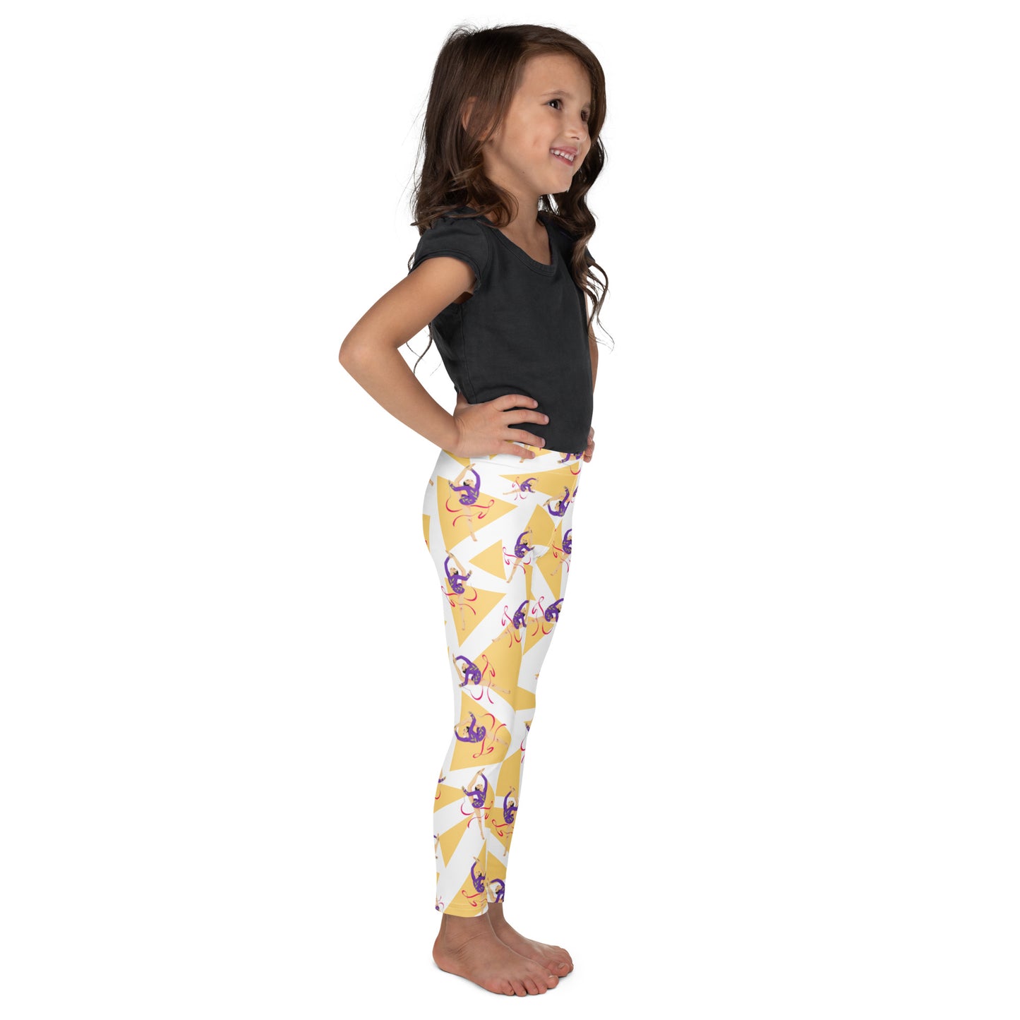Legging pour petite fille – Blanc & Jaune – Doux, extensible, toutes saisons – Motif Gymnaste Danseuse