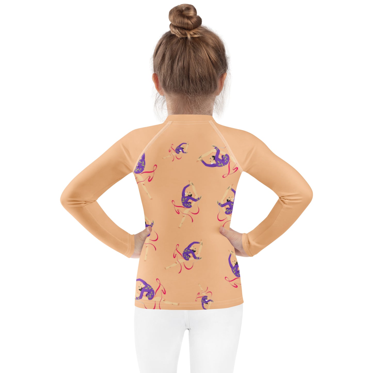 Rash guard pour petite fille – Saumon – Compression légère, séchage rapide – Motif Gymnaste Danseuse
