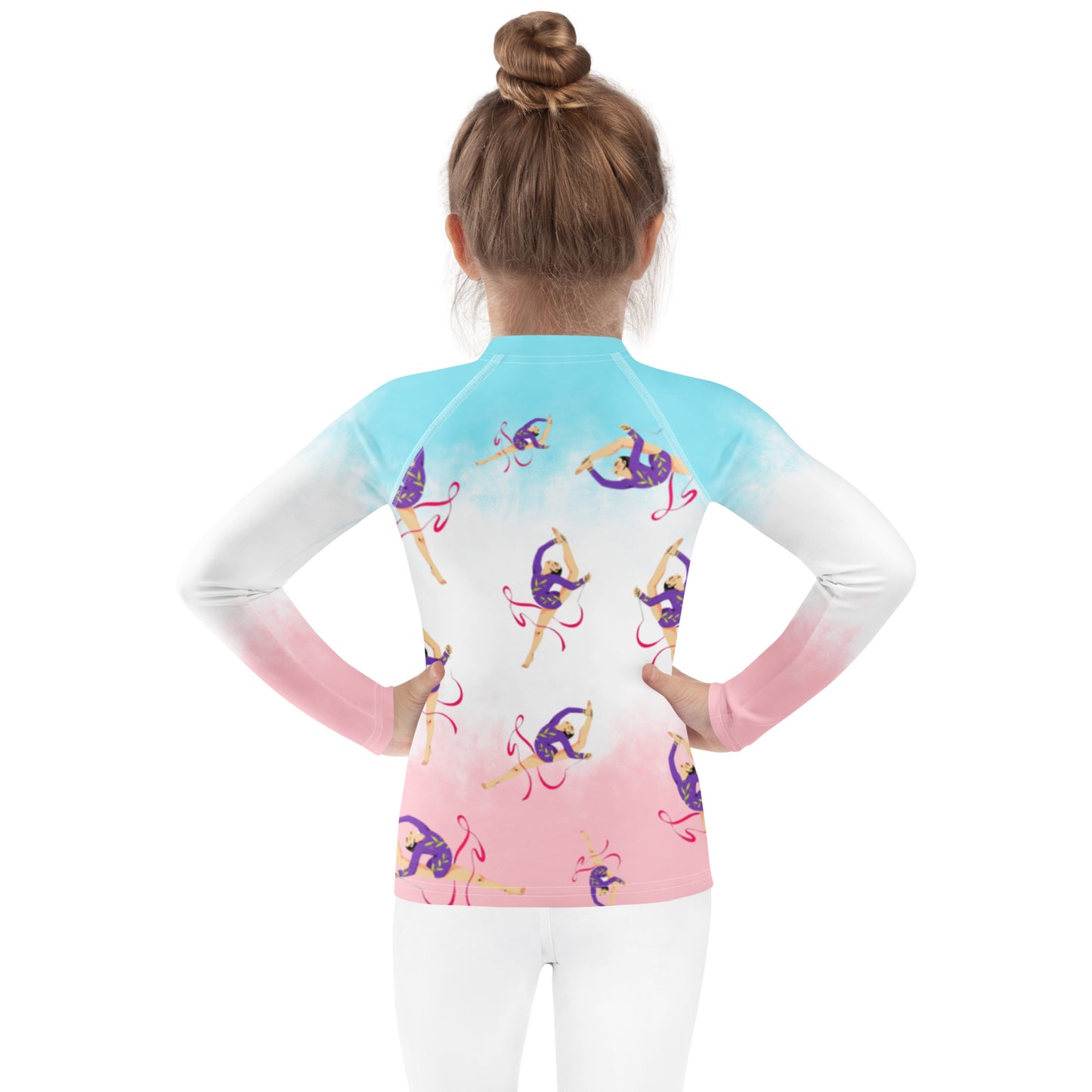 Rash guard pour petite fille – Dégradé Bleu, Blanc, Rosé – Compression légère, séchage rapide – Motif Gymnaste Danseuse