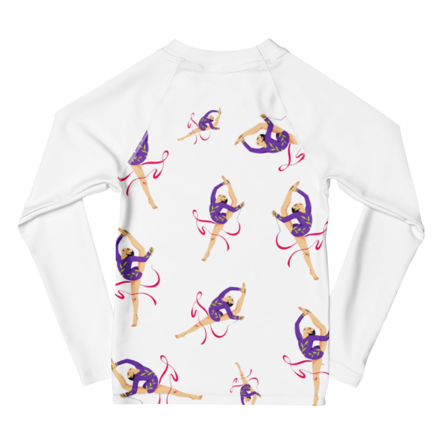 Rash guard pour petite fille – Blanc – Compression légère, séchage rapide – Motif Gymnaste Danseuse