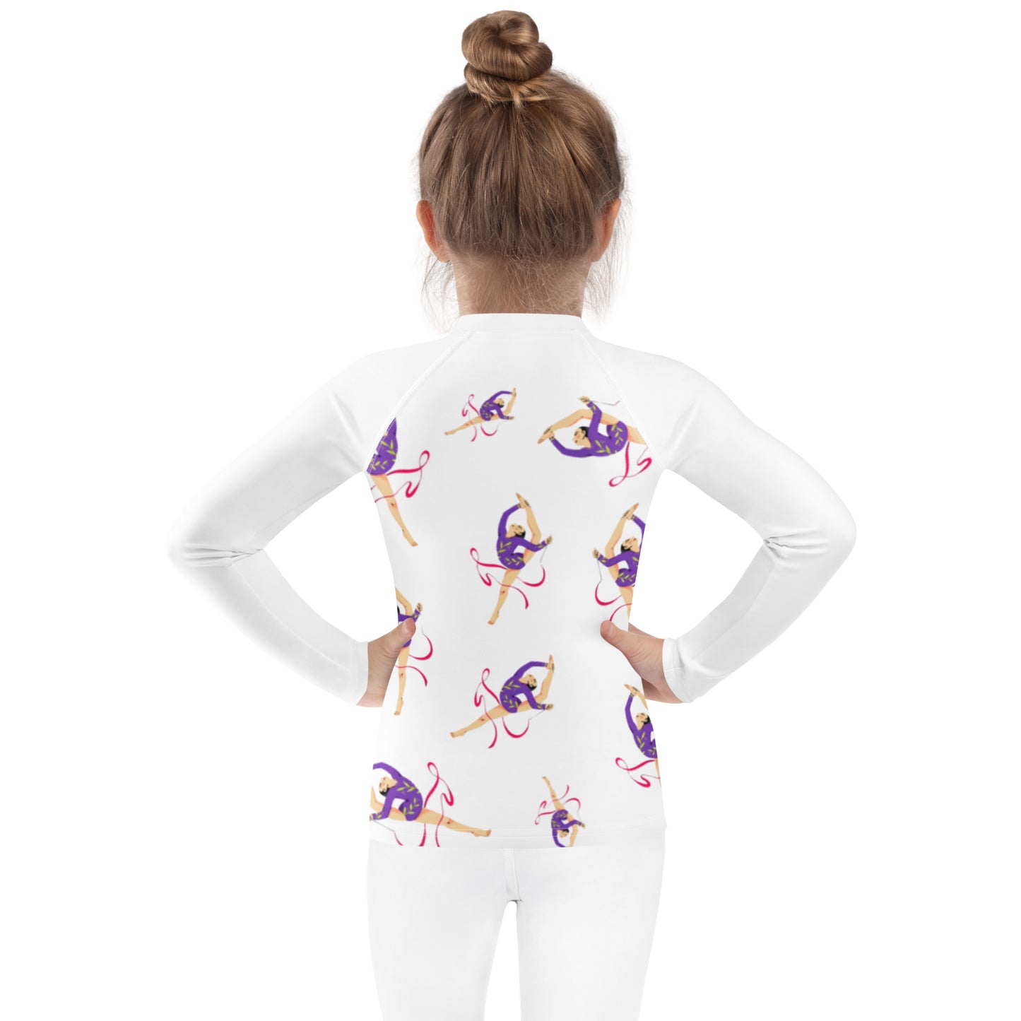 Rash guard pour petite fille – Blanc – Compression légère, séchage rapide – Motif Gymnaste Danseuse