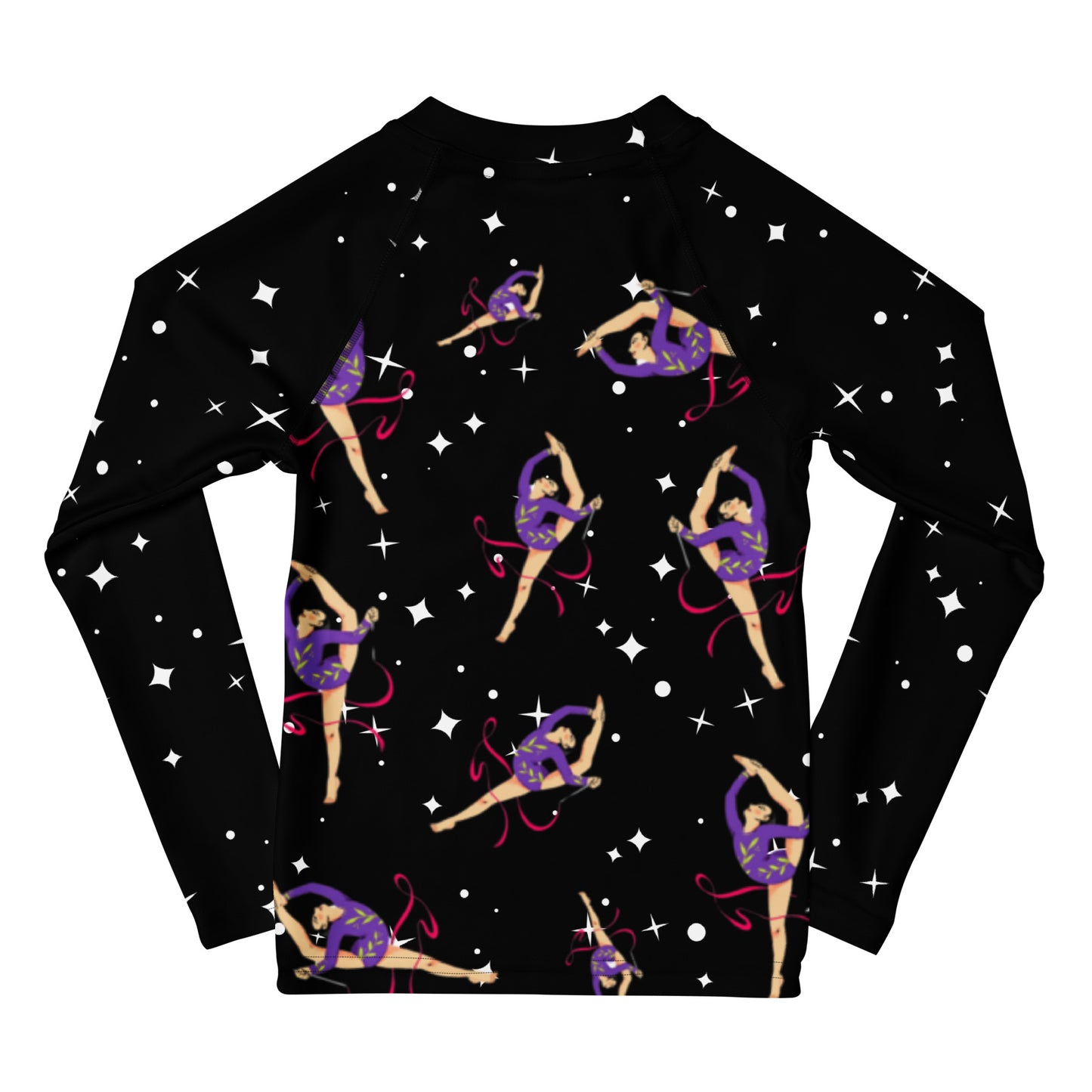Rash guard pour petite fille – Noir Etoilé – Compression légère, séchage rapide – Motif Gymnaste Danseuse