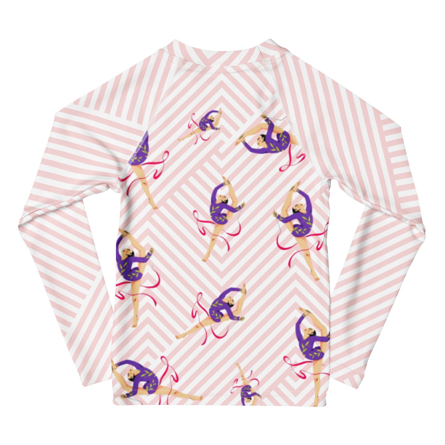 Rash guard pour petite fille – Blanc & Rose – Compression légère, séchage rapide – Motif Gymnaste Danseuse